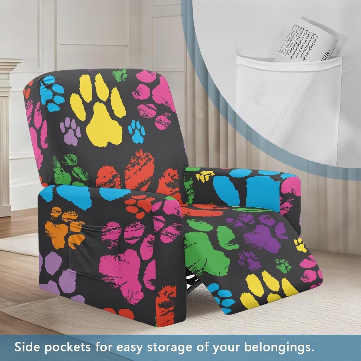 Colorful Dog Paw Print 4 Pieces Stretch Recliner Covers, Easy to Install Recliner Sofa Slipcover, Fitted Non Slip Reclining Slipcovers for Pets Kids, Soft Lazy Boy Chair Covers