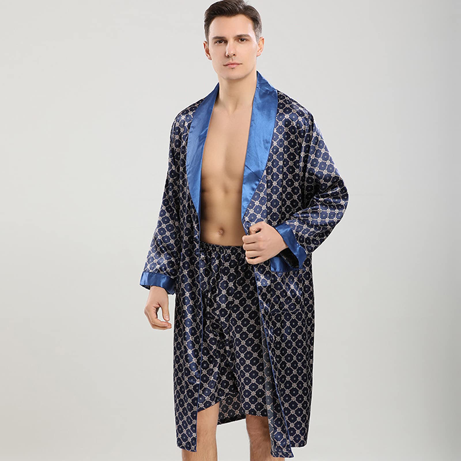 Traje de Dos Piezas de camisón de Seda de Manga Larga para Hombre de Primavera y Verano