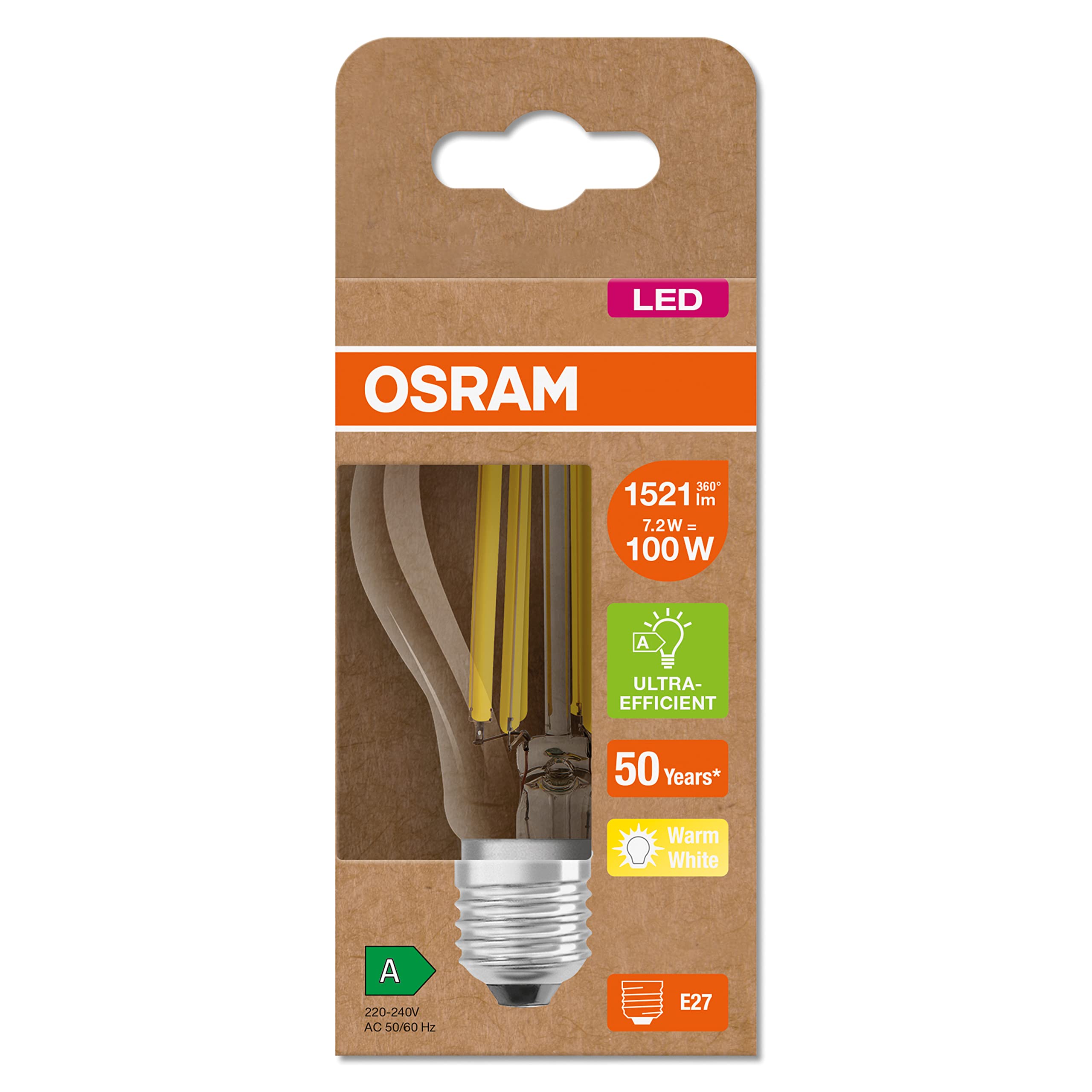 Osram LED Stromsparlampe, Filament Birne mit E27 Sockel, Warmweiß (3000K), 7,2 Watt, ersetzt herkömmliche 100W-Leuchtmittel, besonders hohe Energieeffizienz und stromsparend, 6er-Pack