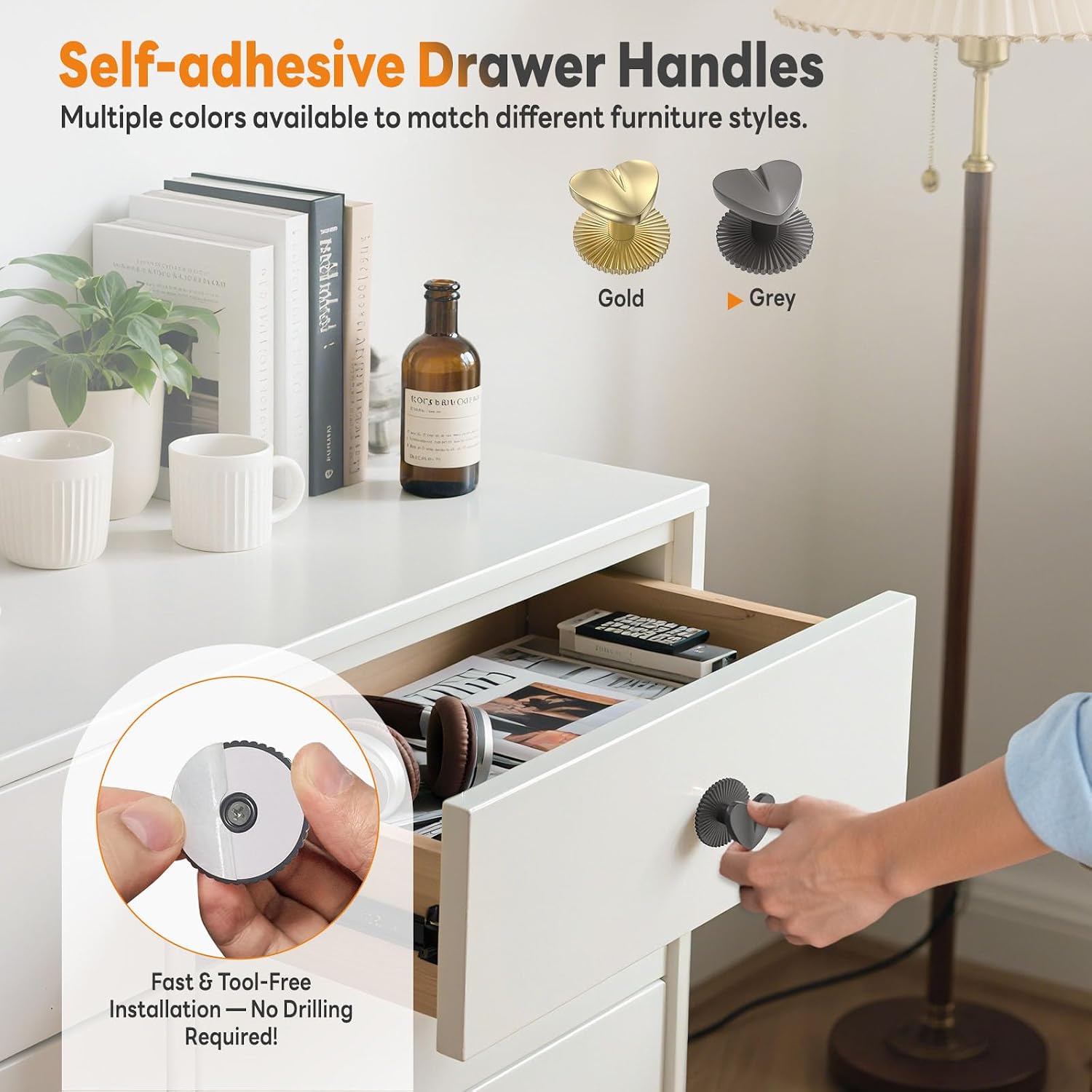 4 Pack Adhesive Cabinet Knobs – Zinc Alloy Self-Stick Drawer Handles for Cabinets, Dressers, Refrigerators, Glass Displays – No Punching Peel Heart Self-Adhesive Knobs Pulls (4, Grey)
