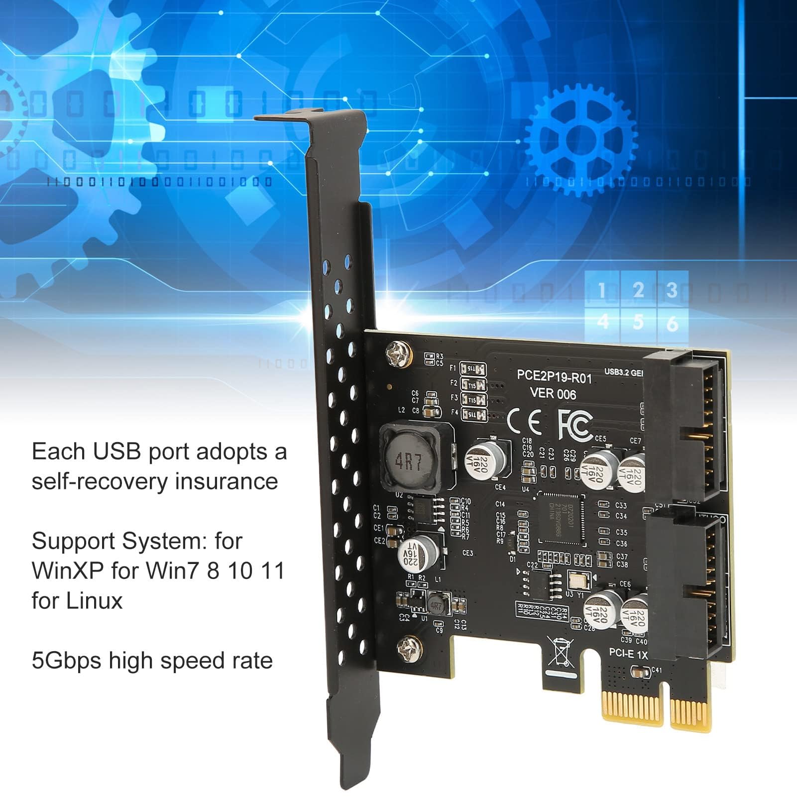 Carte d'extension USB 3.2 GEN 1 19PIN PCI Express (PCIe) pour Ordinateur de Bureau