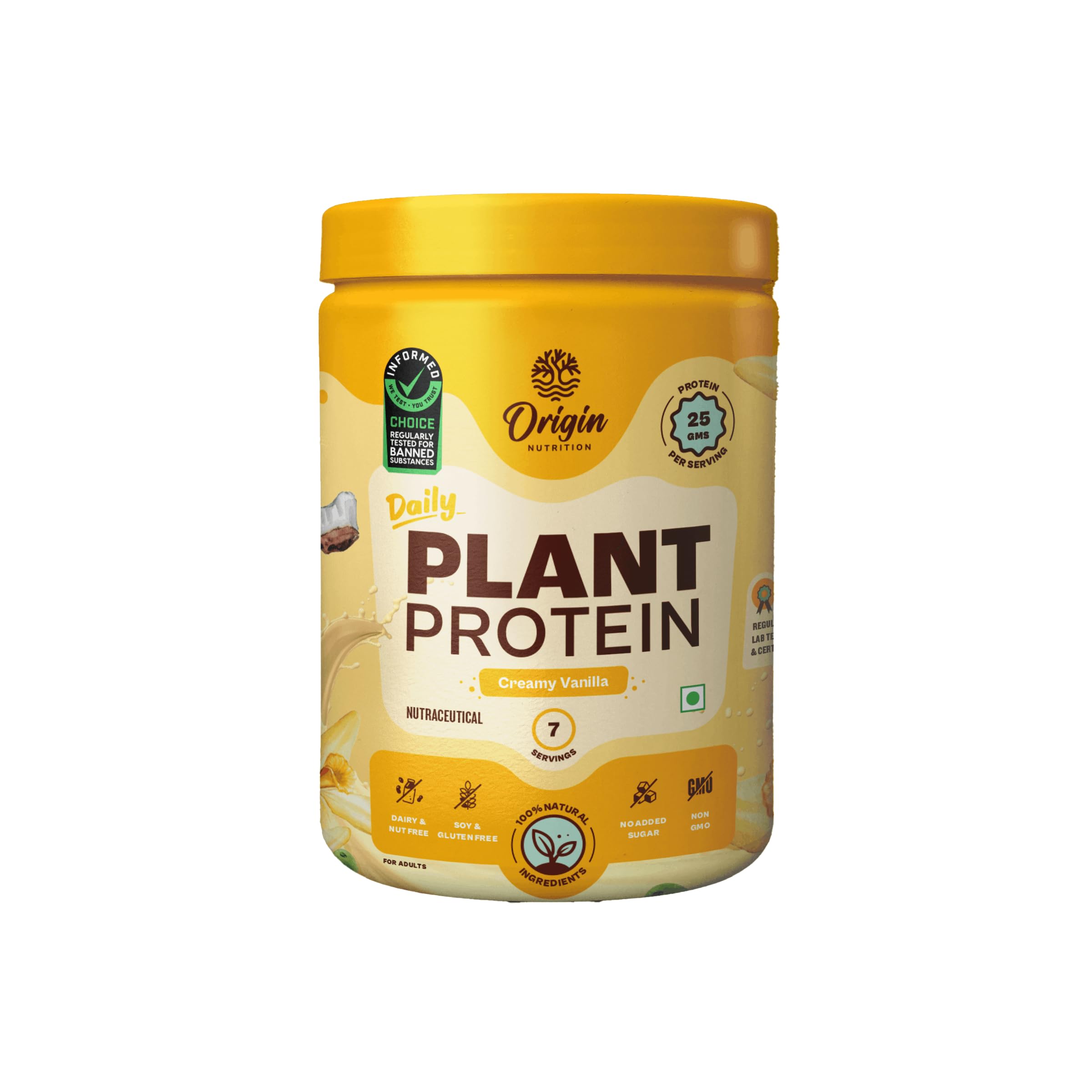 ORIGIN NUTRITION100% Natural Vegan Protein Powder, Easy to Digest Vanilla Flavour with 25g Plant Based Protein, Gluten Free, Dairy Free, No Added Sugar, Soy Free, Non - GMO, Jain, 7 Servings, 274g