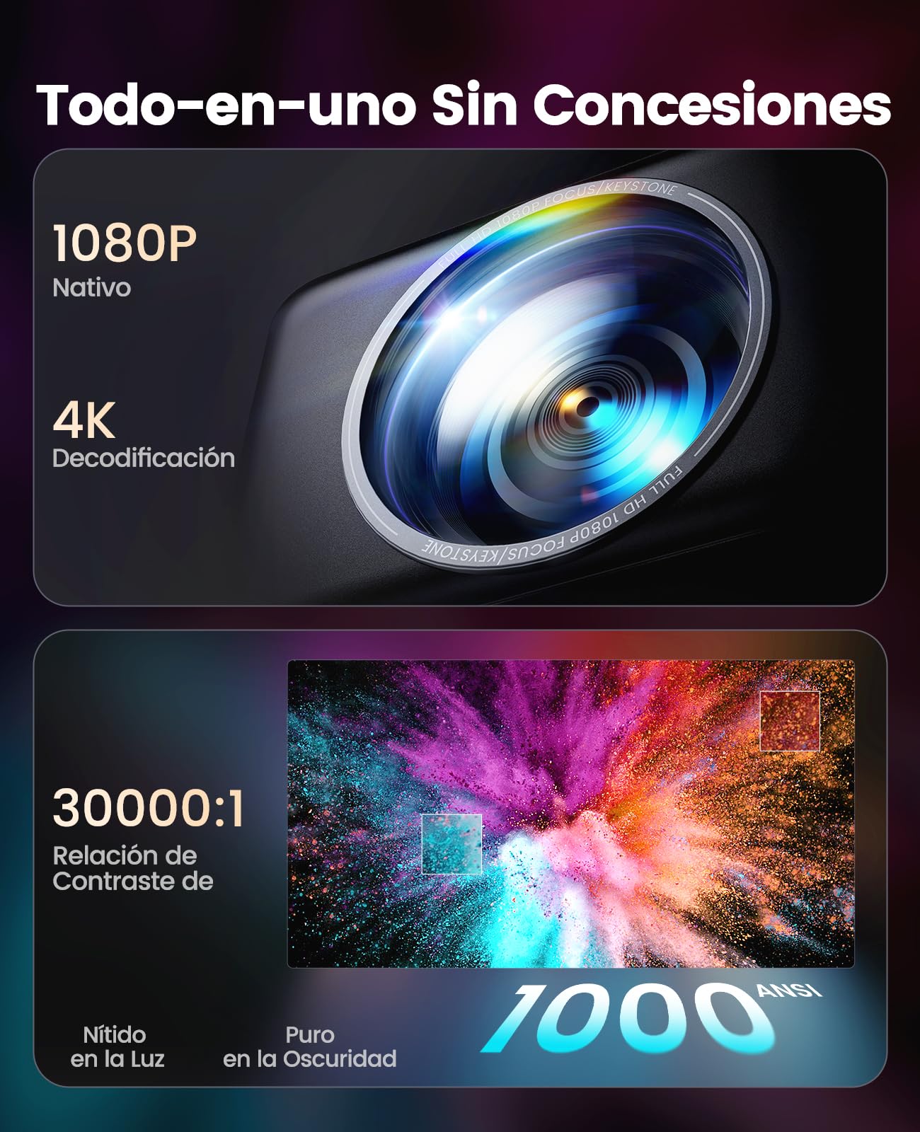 Proyector 4K【Netflix Incluido/Dolby】 35000 Lúmenes Smart Proyector 4K Auto Focus/Keystone WiFi Bluetooth FHD 1080P,HDR10, Apps Oficiales Proyectors Portátil WiFi6 Cine en Casa/Exterior/Regalo HDMIARC