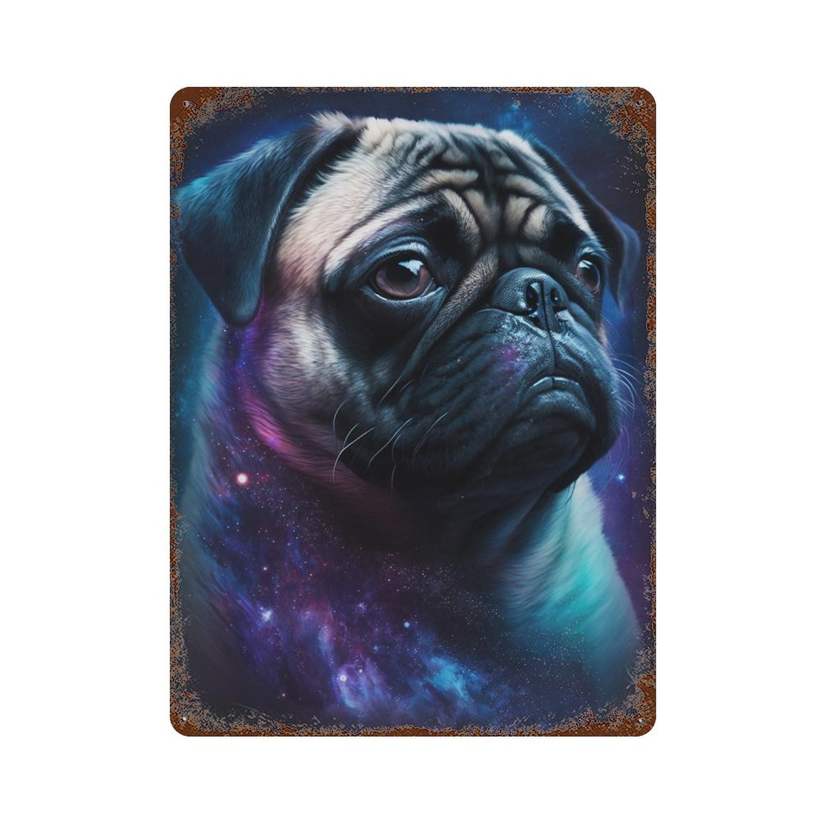 Decorative Tin Sign with Cosmic Pug Portrait-8 Design 15.7"x11.8", for Farmhouse, Kitchen And Entryway Decor, Decorative Metal Wall Art