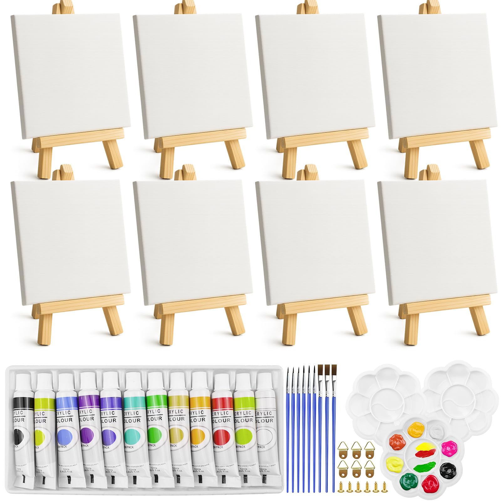 Zouboto Mini Canvas and Easel,46 Pcs Painting Set Includes 4x4 Inches Primed Canvas,Mini Wooden Easel,Acrylic Paint,Paint Brushes and Palette for Kids Artists Art Party