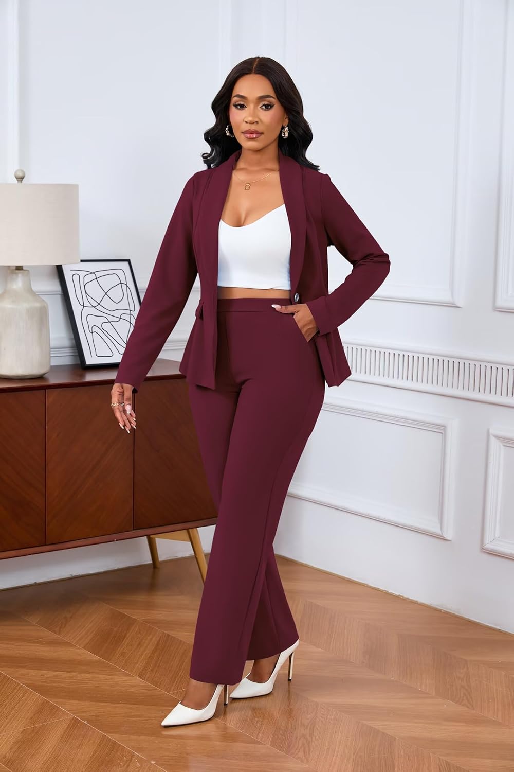 Ophestin Business 2 Piece Pant Suits for Women Dressy Blazer Straight Leg Pantsuit Set Formal Casual Office Work Outfits - Image 2