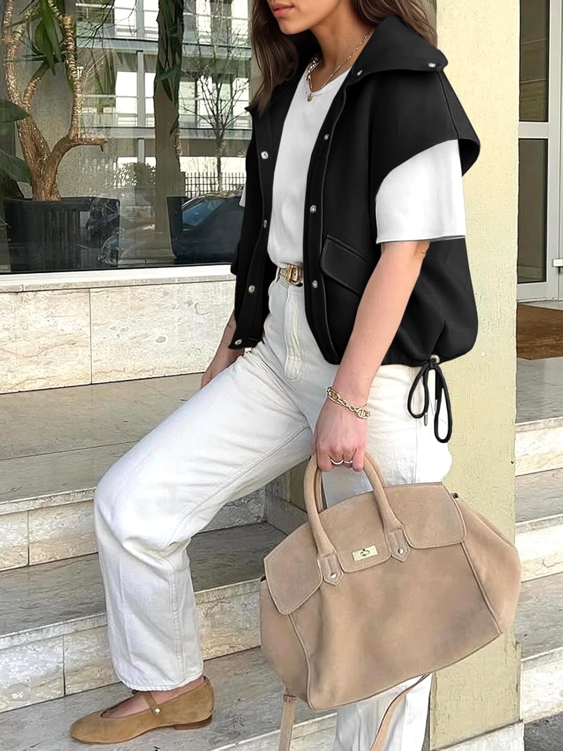 Cicy Bell Womens Fall Oversized Vest Cropped Button Down Cap Sleeve Lapel Collar Jackets Casual Drawstring Outerwear - Image 5