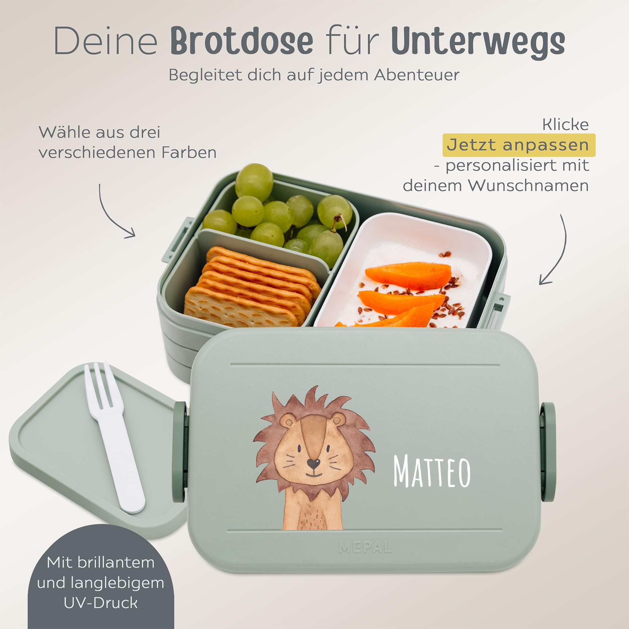 wunderwunsch MEPAL Brotdose Spülmaschinenfest Kinder, Lunchbox mit Einsatz für perfekte Ordnung, Spülmaschine, Mikrowellengeeignet, personalisiert mit niedlichem Motiv (Löwe, grün)
