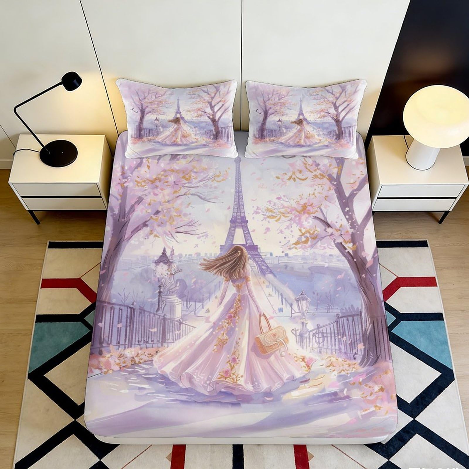 3D Printed Romantic Paris Cherry Blossom Fitted Sheet Microfiber Deep Pocket Non-Slip Cherry Blossom Mattress Fitted Cover Washable for Bedroom 200x200x25cm