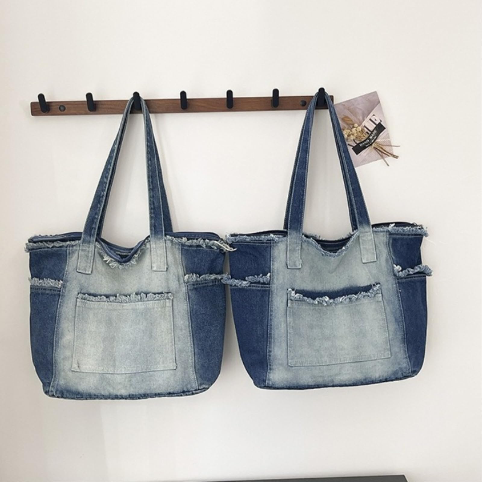 Borsa a Tracolla sac À Épaule Franges En Denim De Grande Capacité Style Lavé pour Les Femmes Navette Quotidien Correspondant-Light Blue