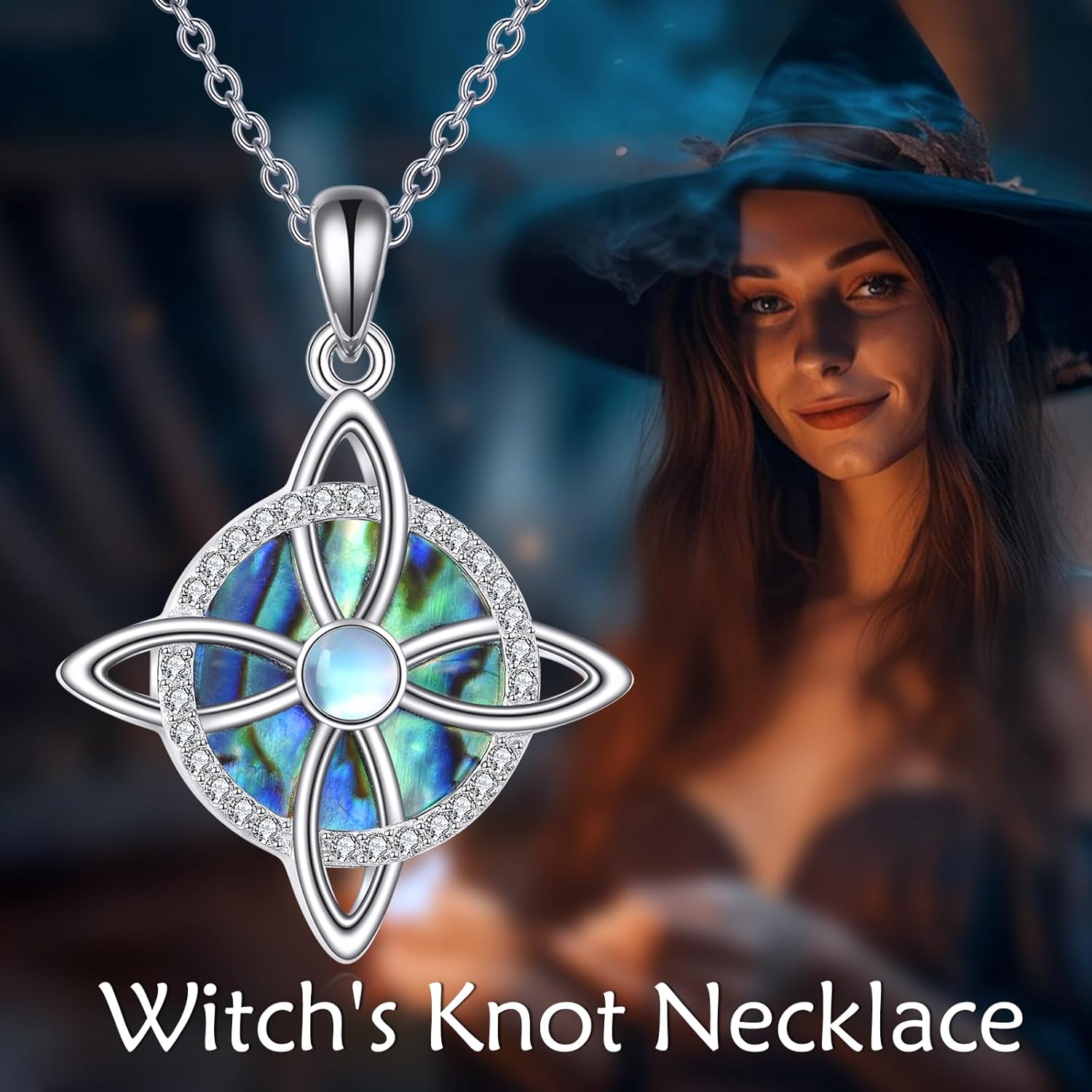 Witches Knot Necklace 925 Sterling Silver Abalone Shell Witches Knot Pendant Necklace Celtic Knot Witch Jewelry Gift for Women
