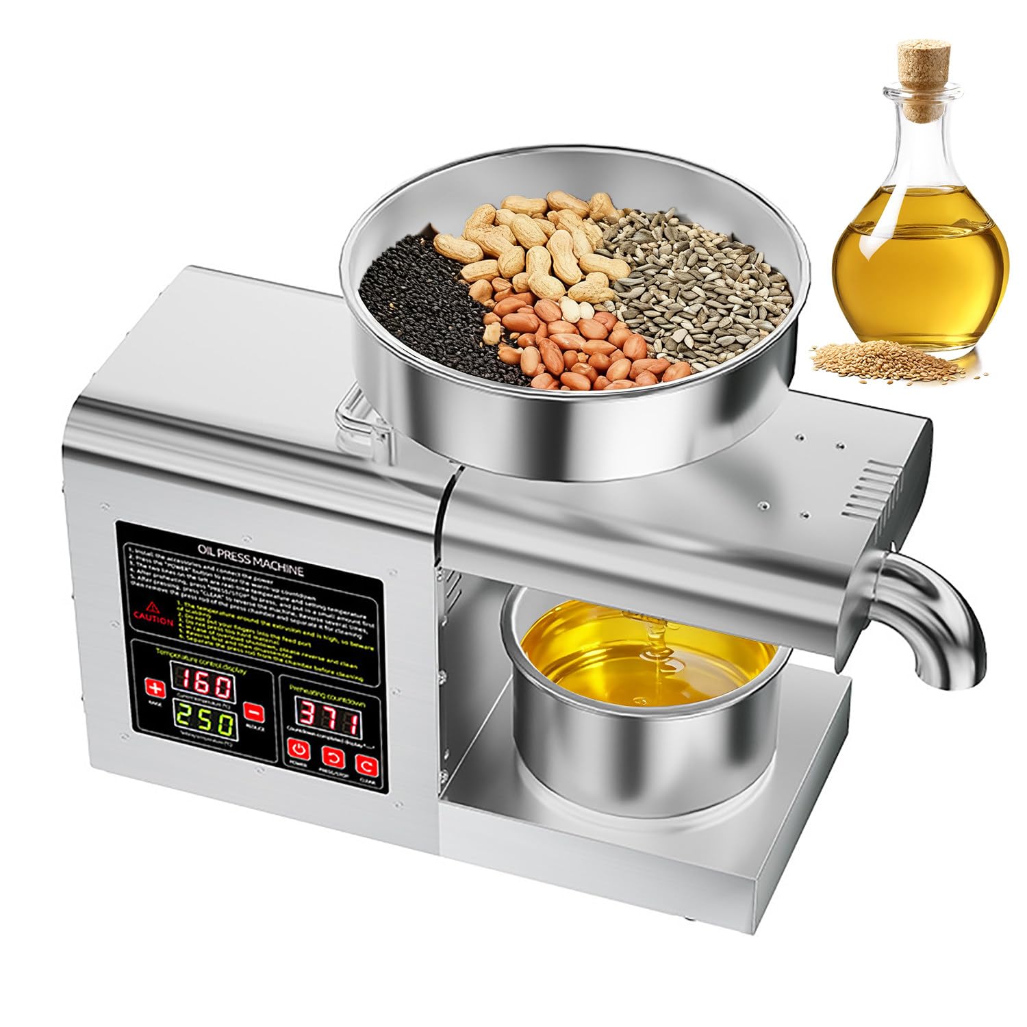 Automatische elektrische Edelstahl Ölpresse 1100W, 6L Trichter, Heiß- & Kaltpressung (40°C–260°C), Öl Pressmaschine für Walnüsse, Sesam & Sojabohnen – Haushalt & Gewerbe