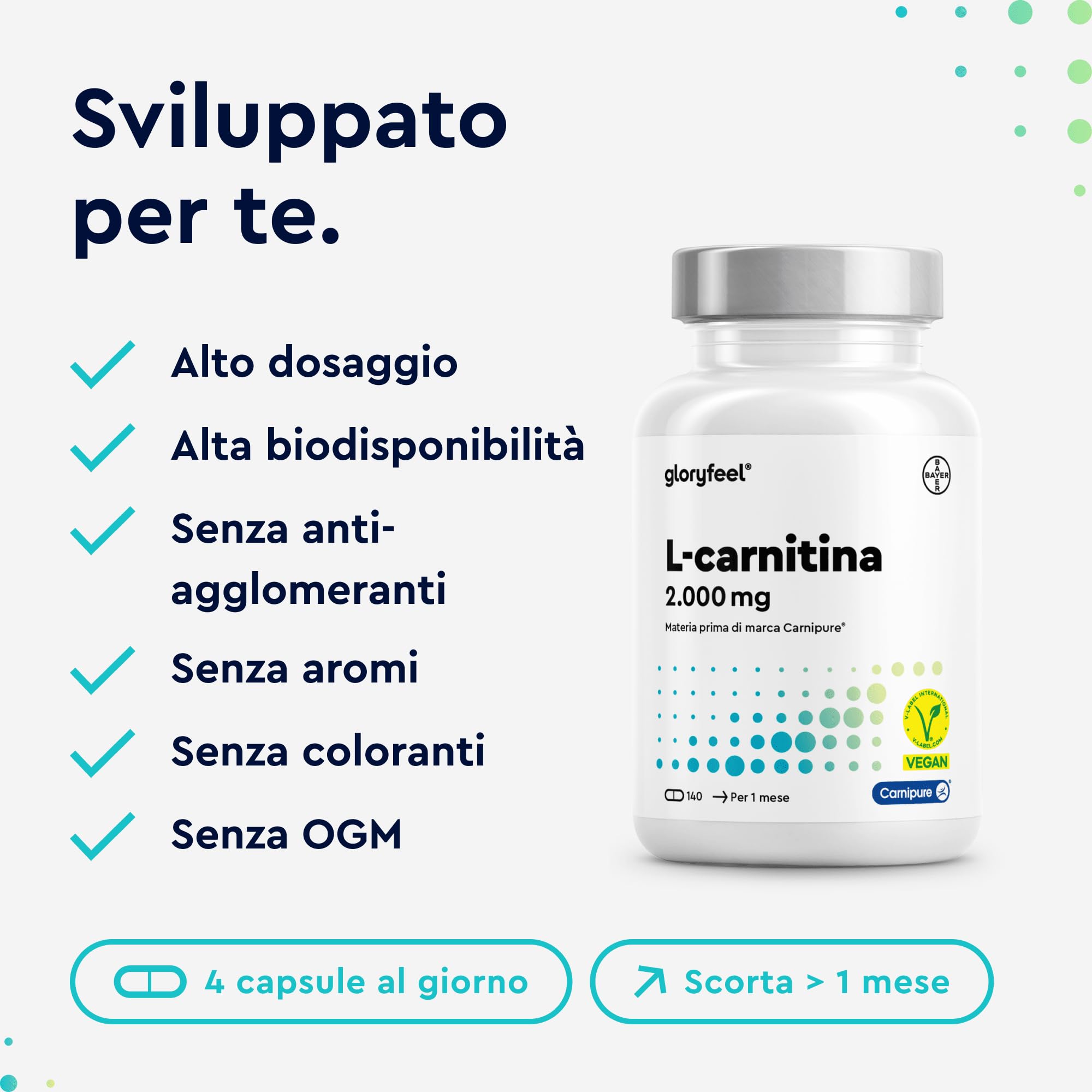 L-Carnitina Integratore, 2.000mg Carnitina Capsule con Premium Carnipure®, Integratore Sportivo con Tartrato di Carnitina, Energia e Recupero Muscolare, 140 Capsule, 100% Vegan