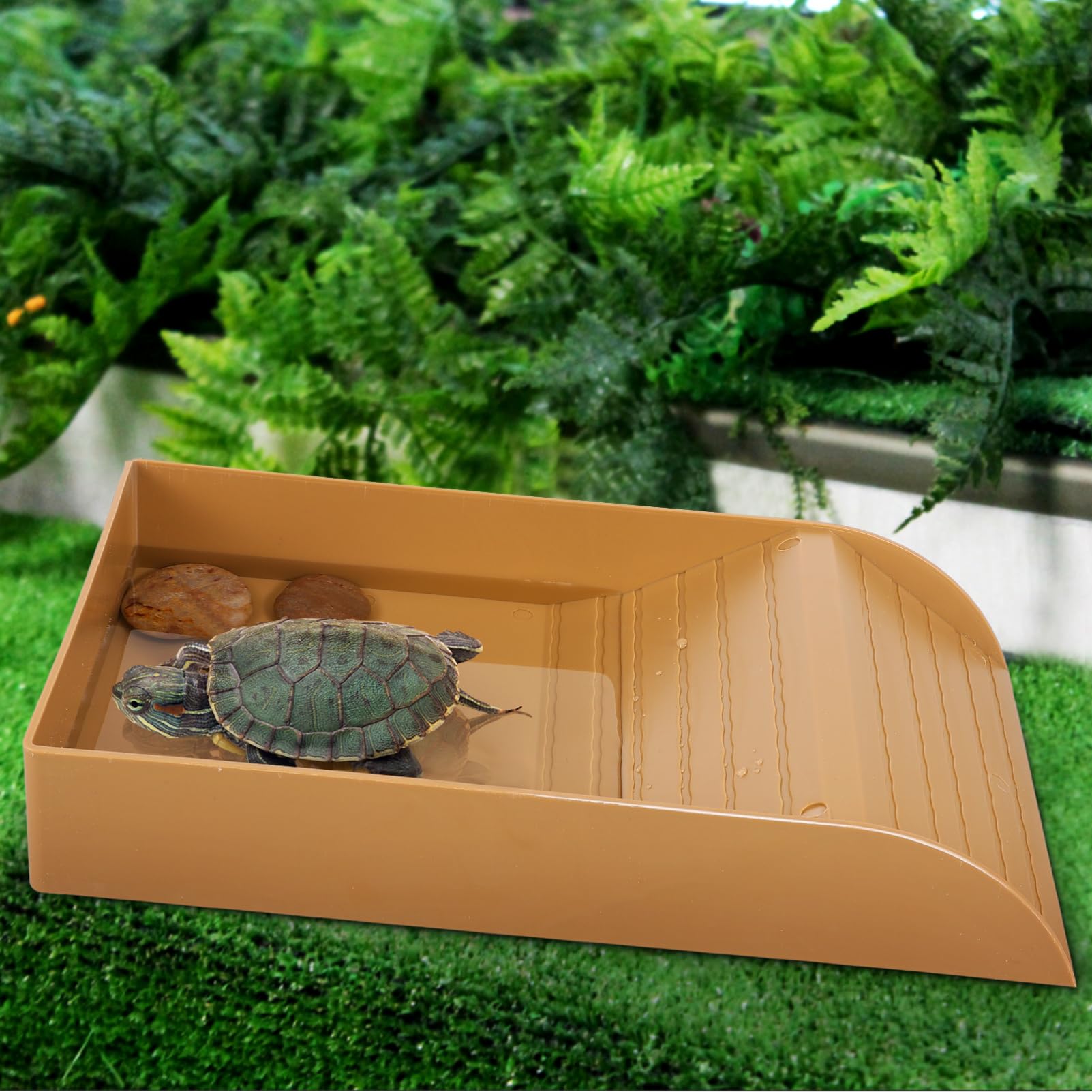 Yardwe Turtle Water Dish with Ramp Large Reptile Bathing Pool Spacious Tortoise Feeding Bowl and Basking Platform Easy to Clean Reptile Water Bowl for Turtles - Image 3