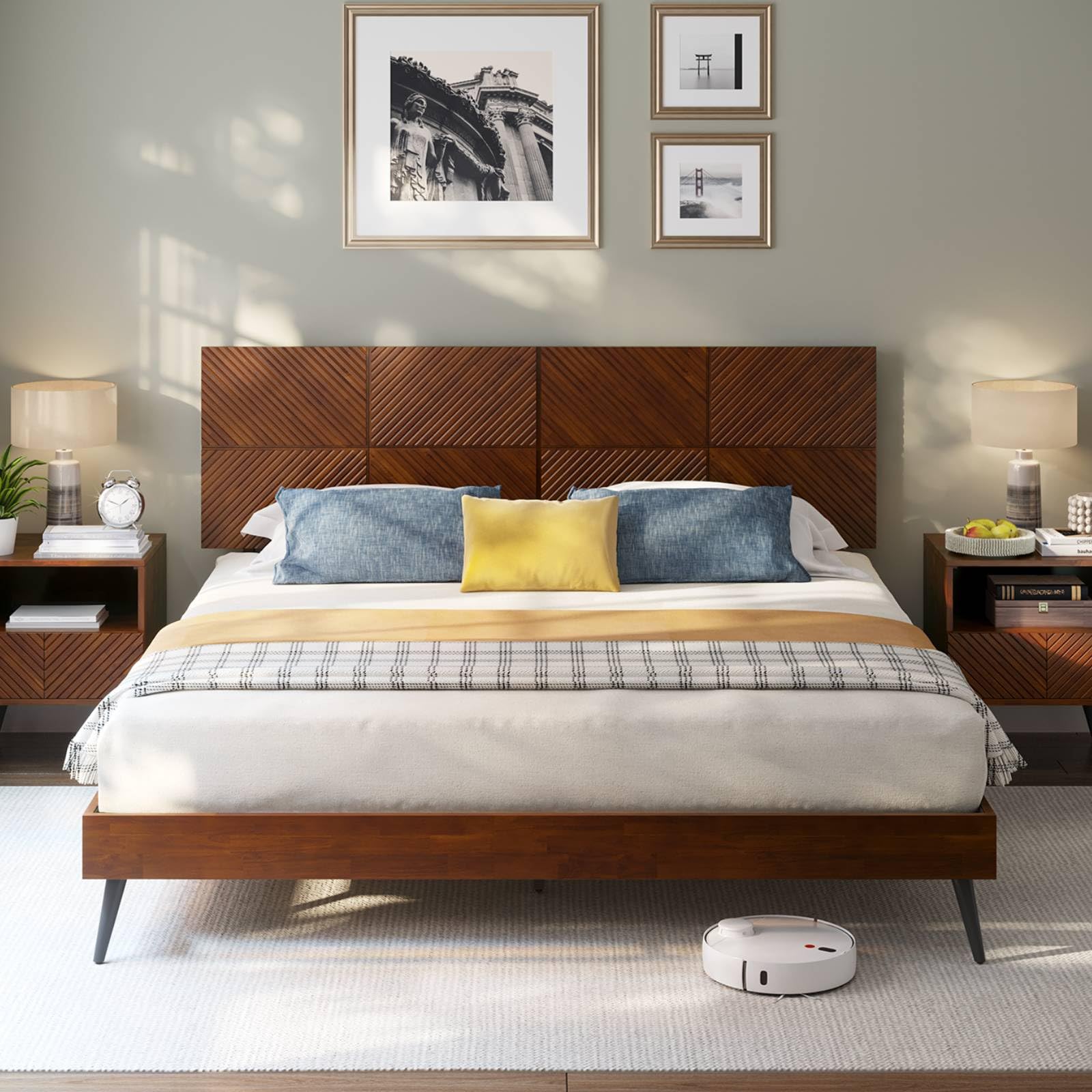 Bme Rhombus King Bed Frame – Solid Rubber Wood with Geometric Rhombus Headboard, Walnut Finish, Scandinavian Modern Platform Bed with Sturdy Slats &