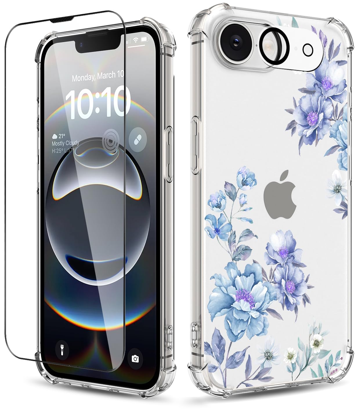 YOYORI for iPhone 16e Case,[3 in 1] with Screen Protector & Camera Lens Protector, Flower Pattern Design,Clear Soft Shockproof Slim Floral Phone Cover