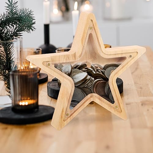Miniatura 8 de Zerodeko Hucha de madera para el hogar, alcancía para adolescentes, con forma de estrella, alcancía transparente para niños y niñas, bebé, primera