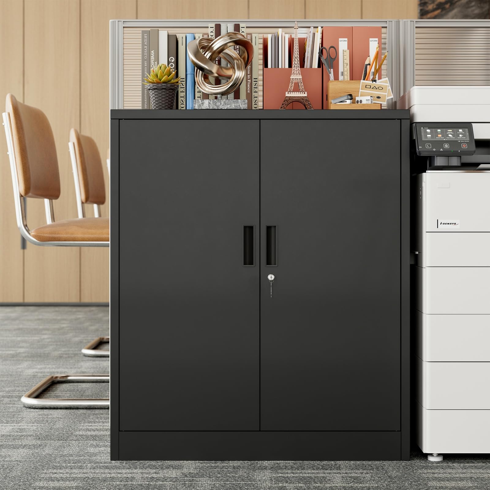 Aktenschrank, Mehrzweckschrank, Büroschrank mit 2 Türen, Schrank abschließbar, Aufbewahrungsschrank Stahl, Schrank abschließbar, 2 höhenverstellbare Einlegeböden für Büro, Garage(Schwarz,90*80*40)