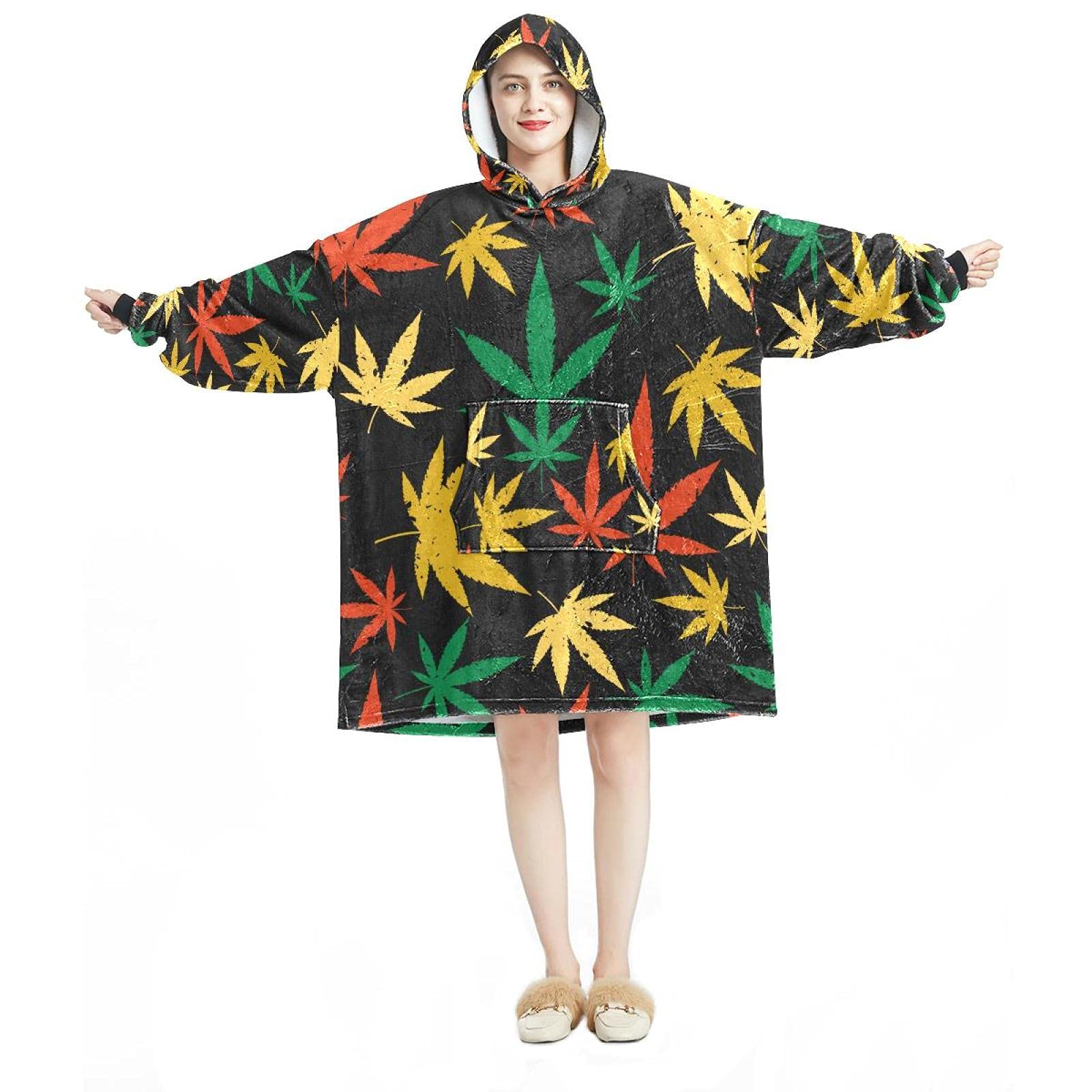 Eslifey Unisex Multicolor 05 Oversized Hoodie Blanket Sweatshirt, Sherpa Flannel Wearable Blanket Hoodies With Pocket For Adults Men Women, Cannabis Retro Pattern