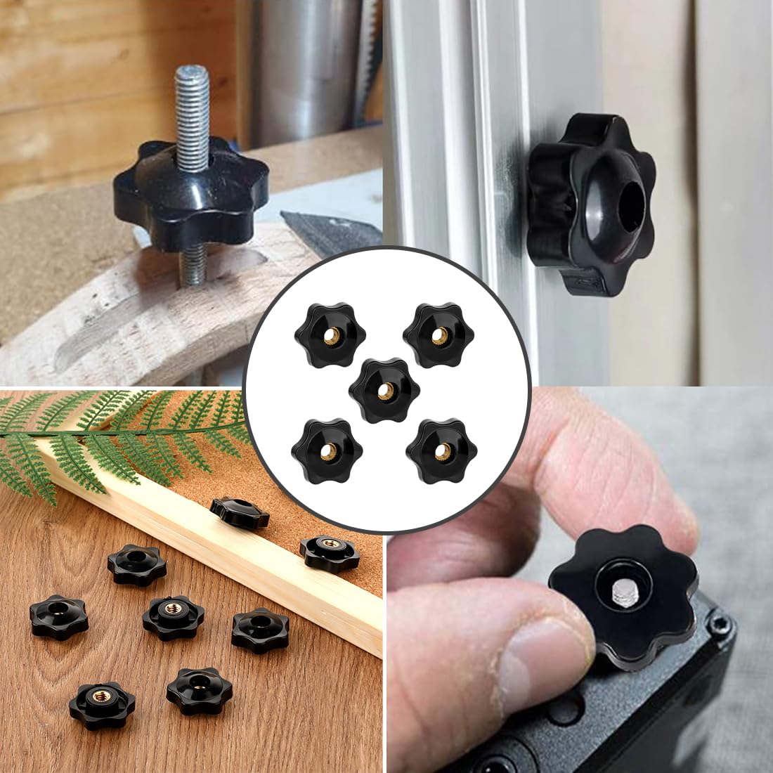EIR 6 Pcs Dado Con Impugnatura a Stella,M10 Manopola Passante a Testa Esagonale Filettata Femmina,Maniglia con Manopola a Stella Bloccaggio a Vite in Plastica Nera,Dado Filettato Femmina