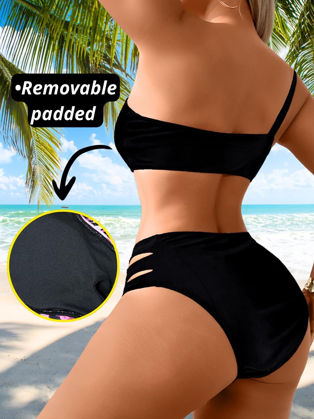 Cheetah Print Bikini Sets, One Shoulder Cut Out, Two Piece Cheeky Swimsuits High Leg Cut Bathing Suit for Women