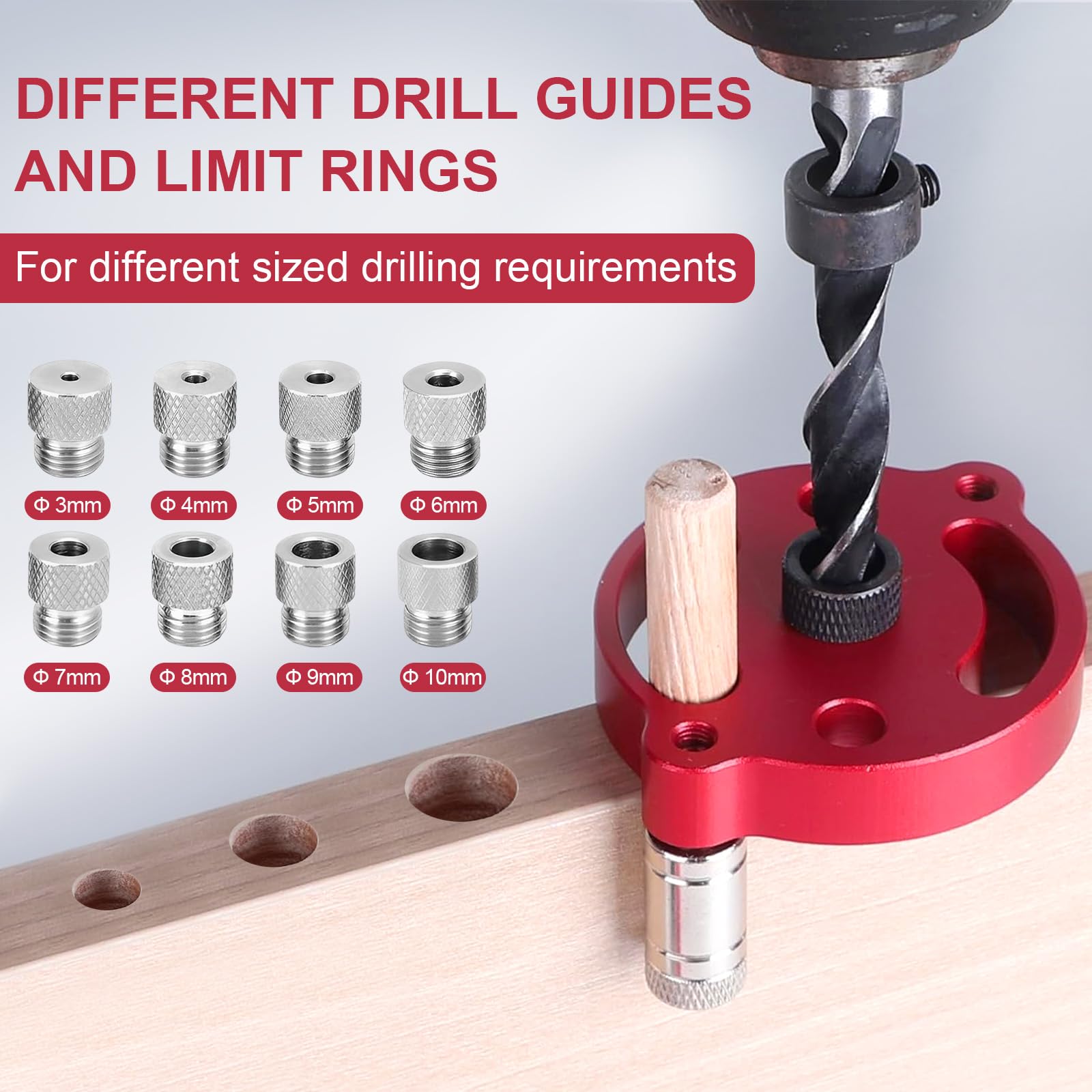 Kit di Ricerca del centro per la Lavorazione del legno, Autocentrante verticale con Bussole da 3/4/5/6/7/8/9/10 mm, Guida per trapano verticale per legno massiccio duro (rosso)