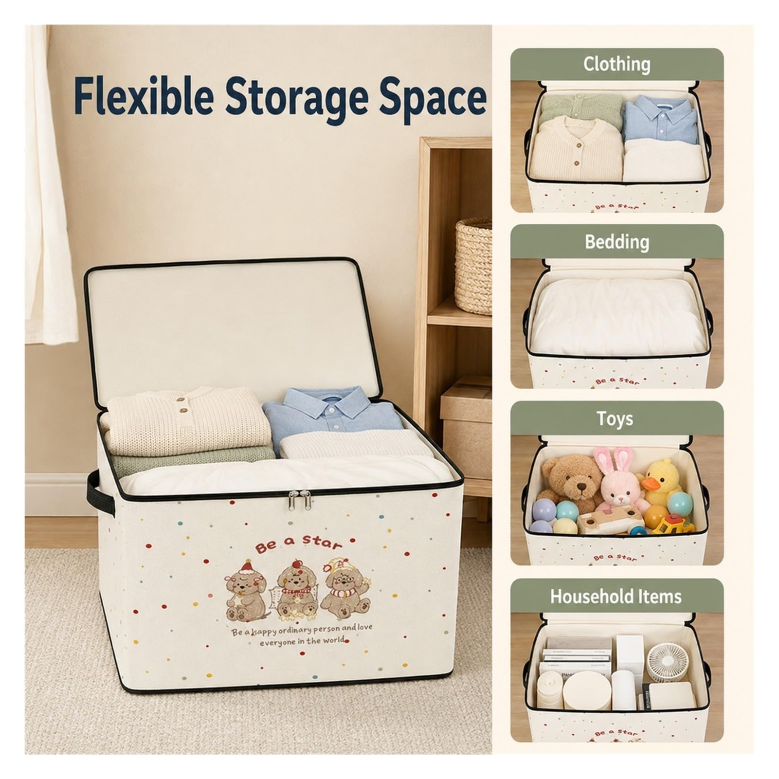 Caja de almacenamiento plegable de tela no tejida con tapa y doble cremallera, asas laterales para ropa, mantas, juguetes y armario de dormitorio y hogar(Small)