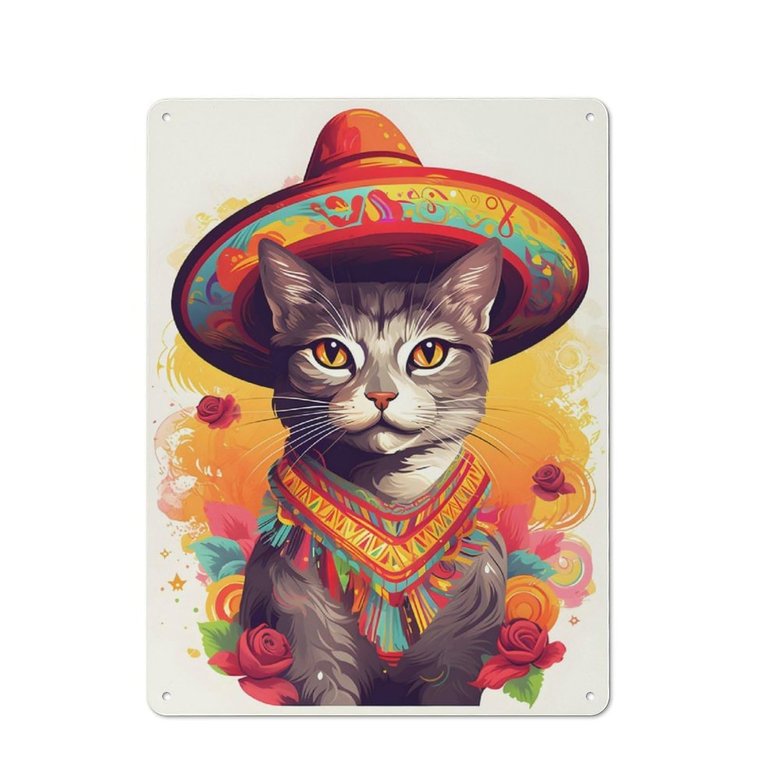 Cat Wearing A Sombrero Rustic Metal Sign 40x30cm for Workshop Wall, for Collectors of Rustic Metal Wall Decor