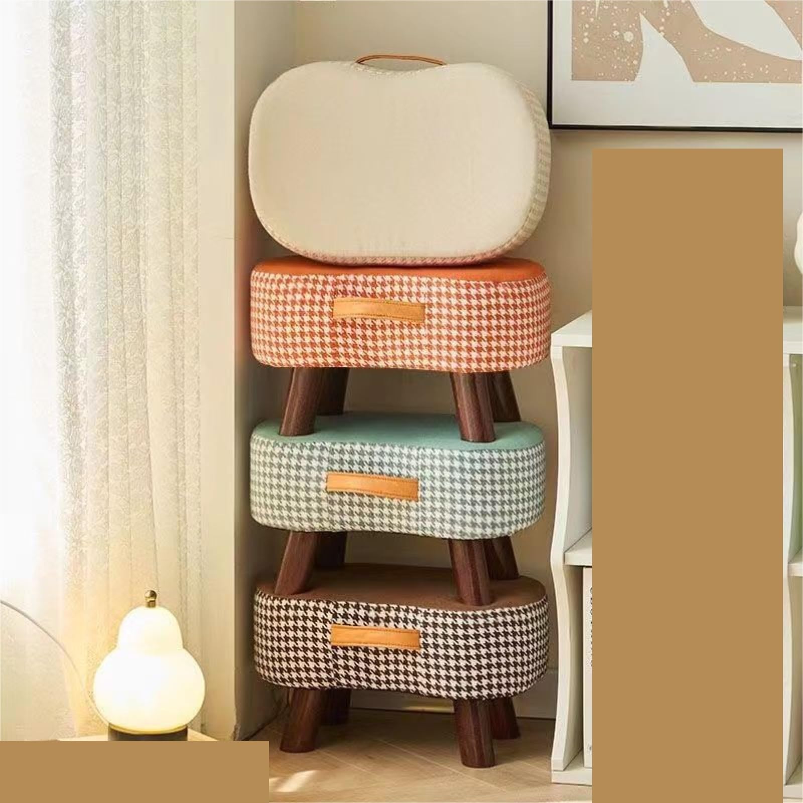 Pouf Poggiapiedi Pouf Imbottito Morbido con Gambe in Legno Motivo for La Casa Accessorio per Casa(Beige)