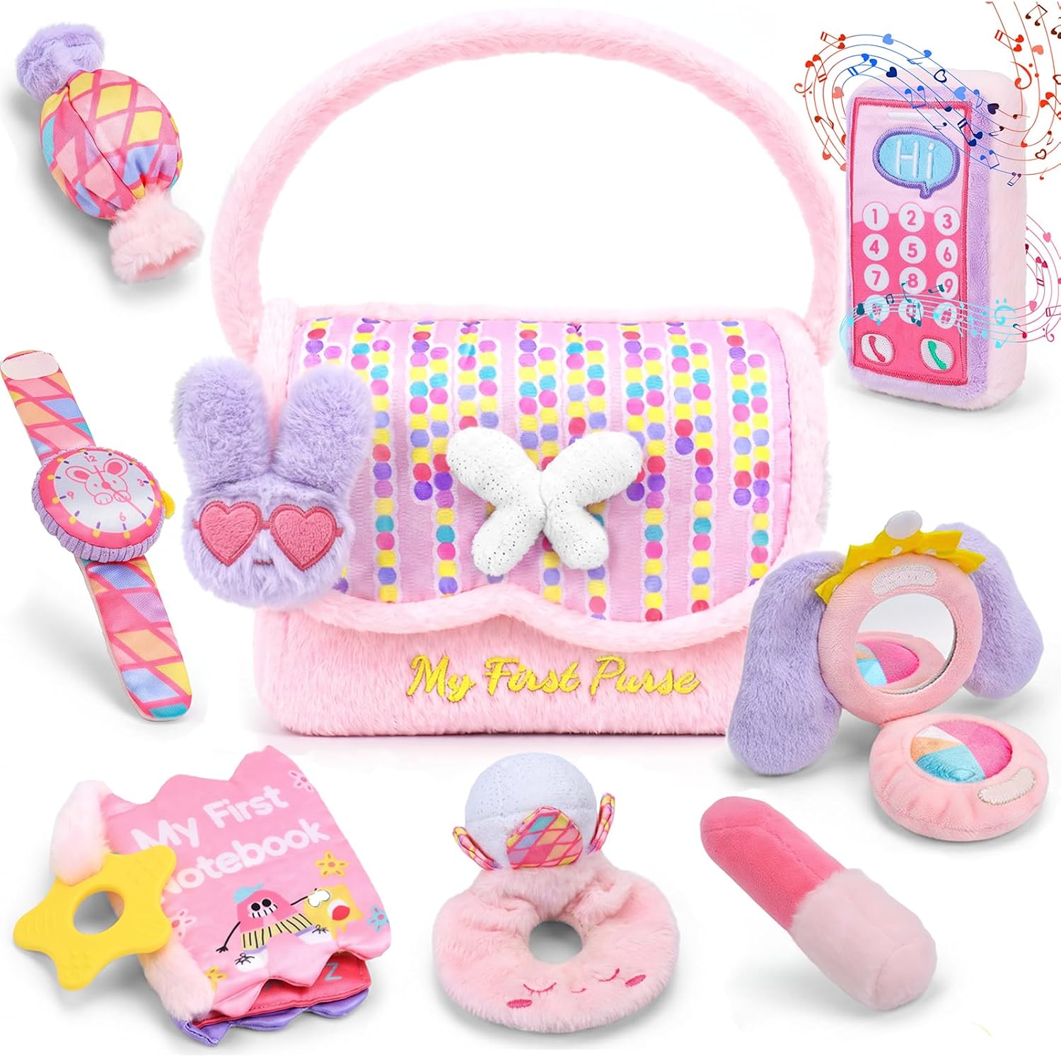My First Purse, Baby Pretend Makeup Play Toy for Girl 6-18 Months | 9PCS Pink Purse with Soft Makeup Set & Music Plush Toy Phone, Rattle Crinkle Sensory Toy Gift for Toddler Girl 6-12-18 Months