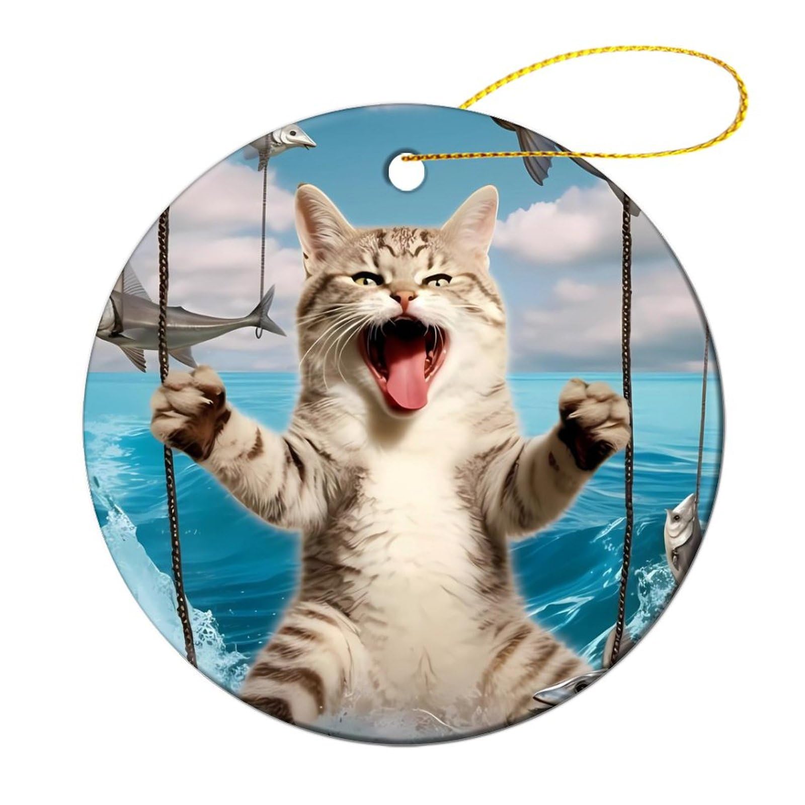 Cerámica Adorno Árbol Navidad Personalizado Gato, Fish, Océano Adornos Colgantes De Árbol De Navidad Redondo Adornos De Navidad Moda Colgante Decoración para Regalo Ventanas Tiendas
