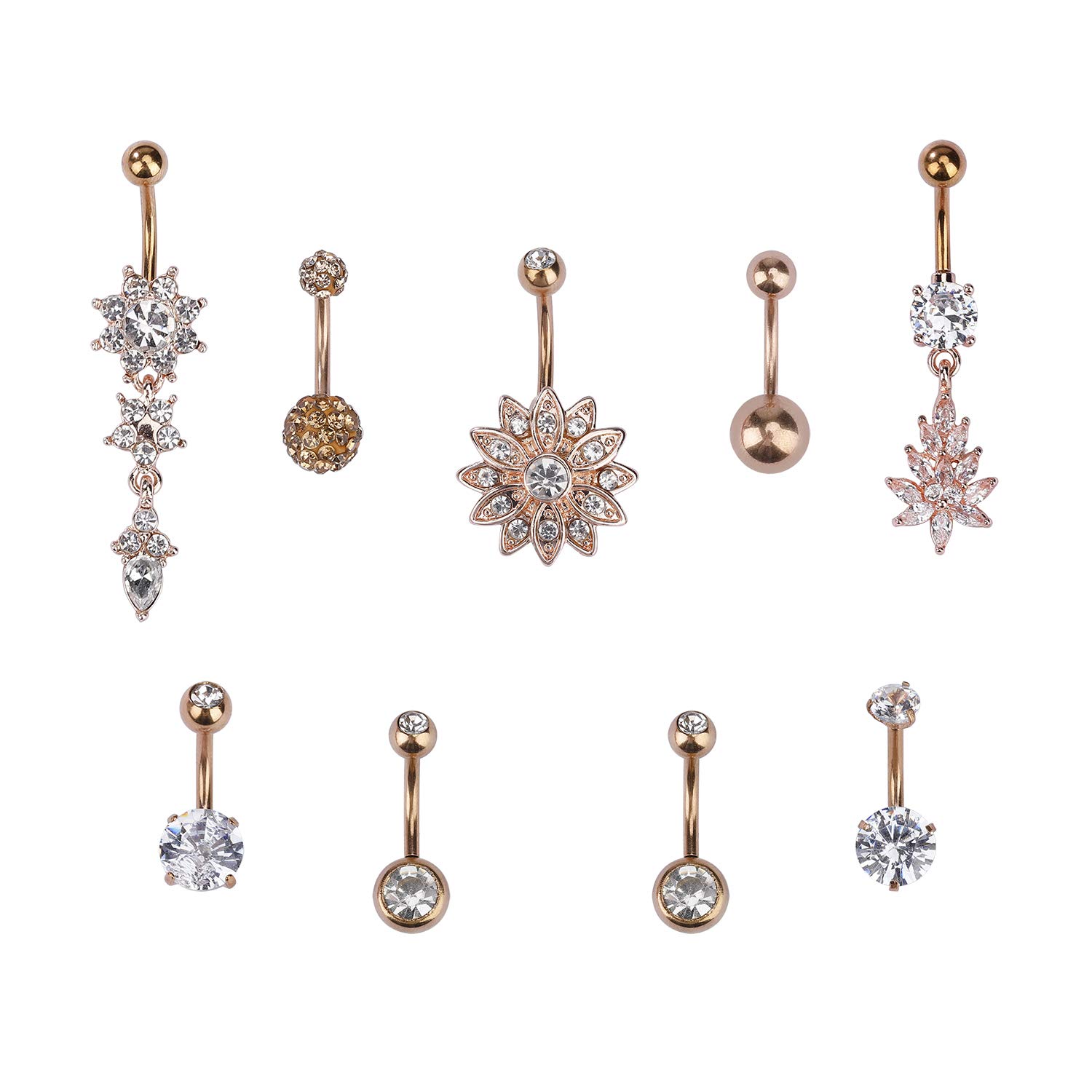 MengH-SHOPBelly Bar Button Rings Set Crystal Flower Dangle Navel Stainless Steel Titanium Ball Double Gem Piercing Jewelry 9 Pack