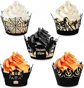 Whaline 100 Pcs Halloween Cupcake Wrappers, Artistic Bake Paper Cups Black Laser Cut Cupcake Liners Cake Decoration for Halloween Theme Party
