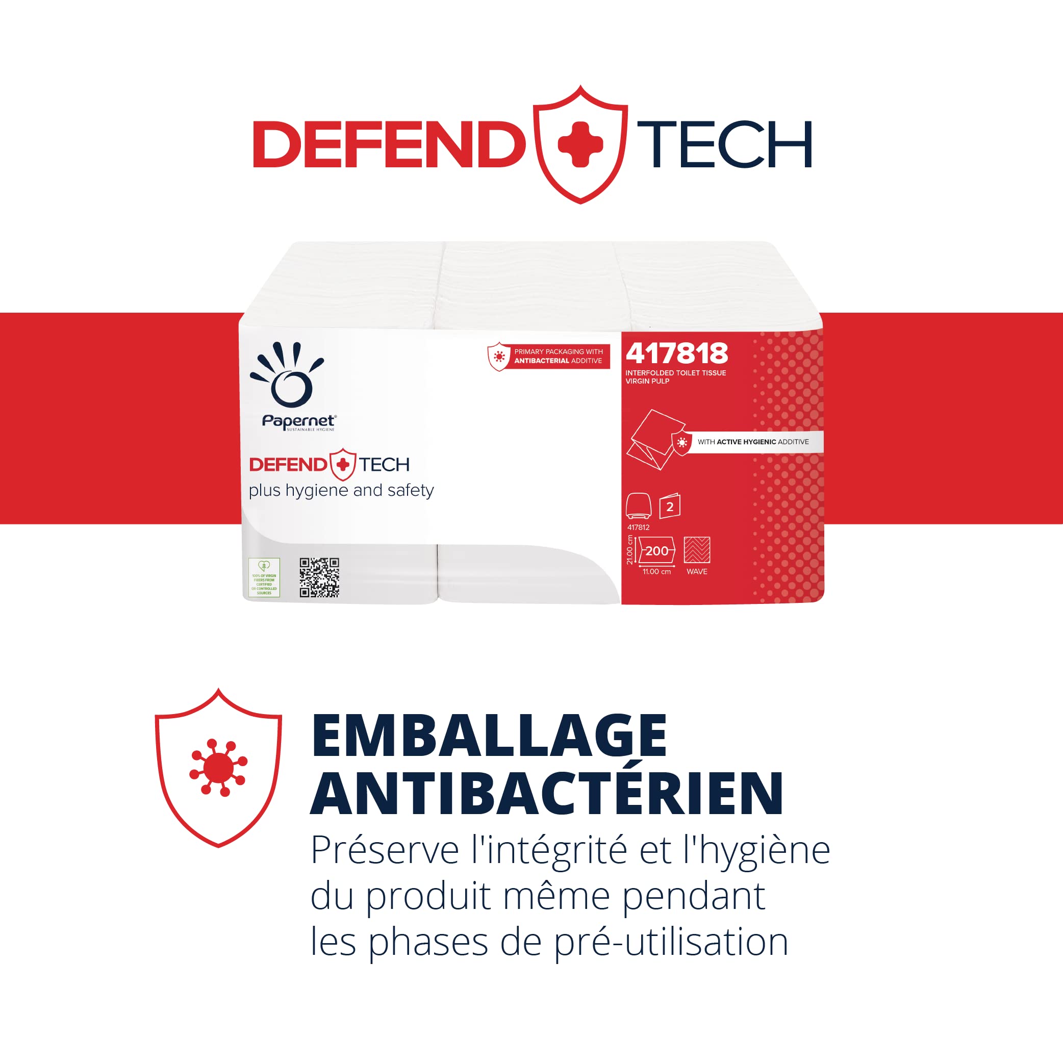 PAPERNET Defend Tech Papier Hygiénique Enchevêtré 417818, Papier Hygiénique à Feuille Unique avec Formule Antibactérienne, 12 Paquets de 6 Unités avec 200 Feuilles 21 x 11 cm