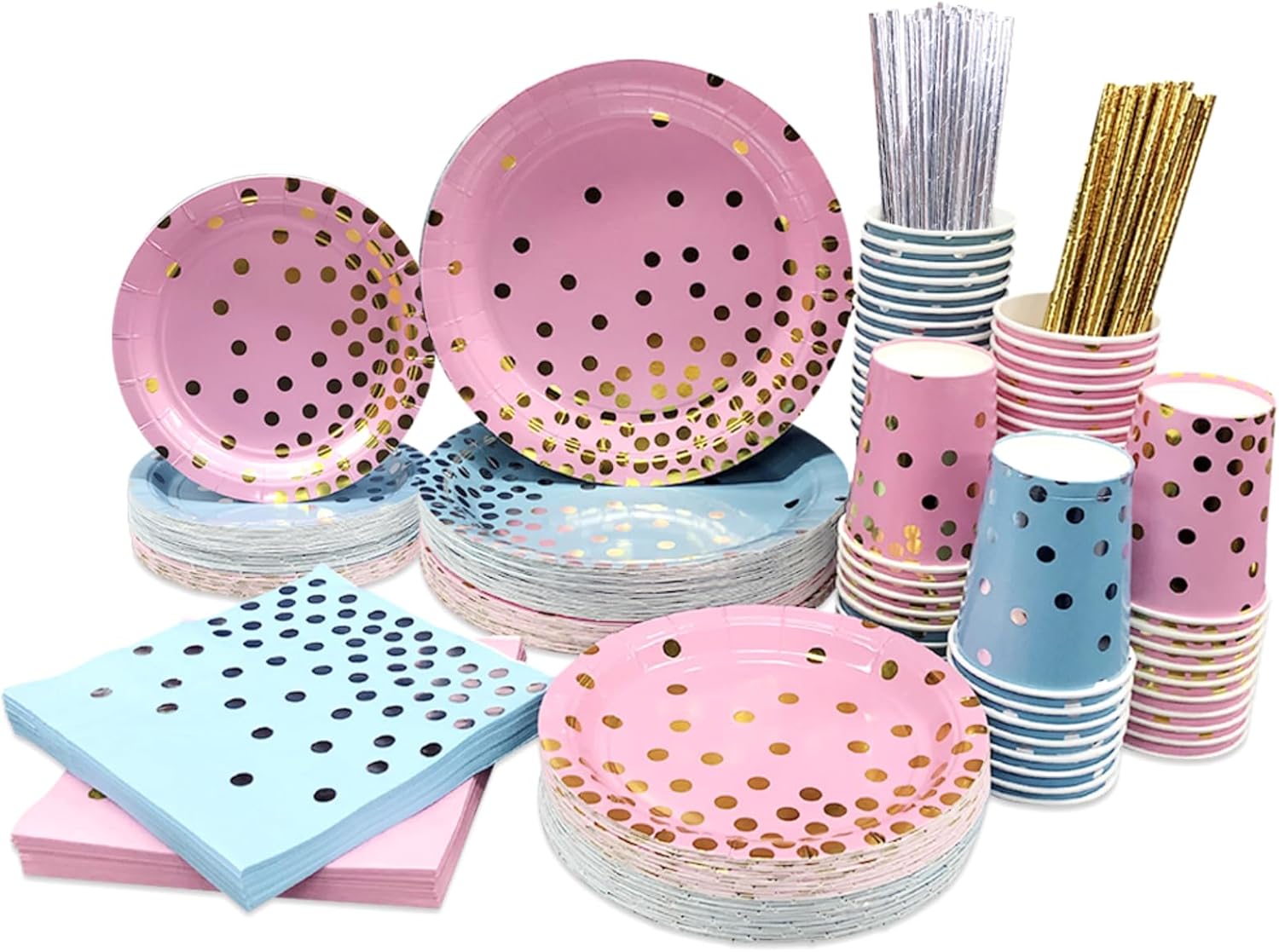 Ottin 250-Piece Pink and Blue Disposable Paper Plates and Napkins Set, 9 Inch Dinner Plates & 7 Inch Dessert Plates, Party Supplies Serve 50 Guests for Baby Shower Gender Reveal Birthday Wedding