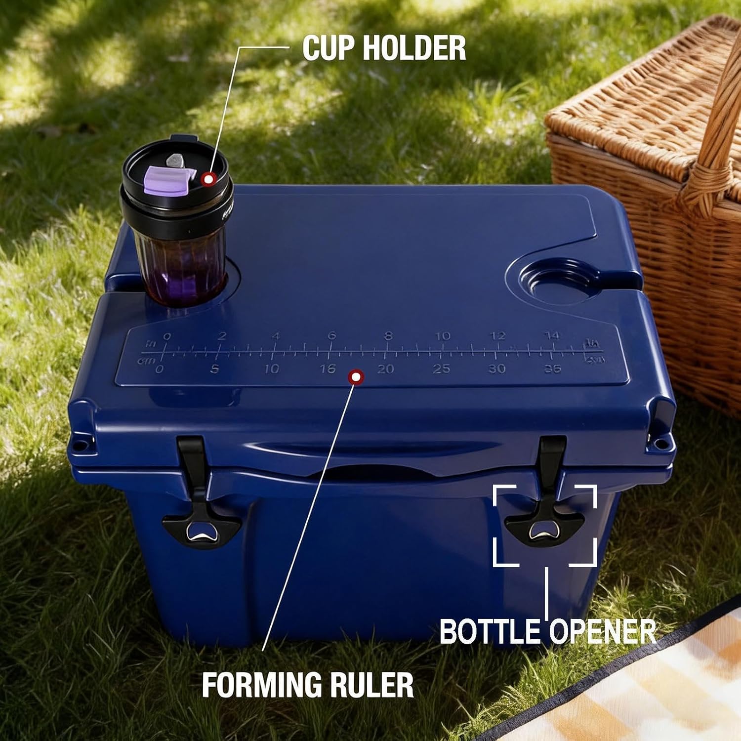 25QT Portable Cooler with Bottle Opener, Cup Holder, Forming Ruler and Portable Handle Outdoor Insulated Cooler Long-Term Insulation, for Camping, Fishing and Everyday Use