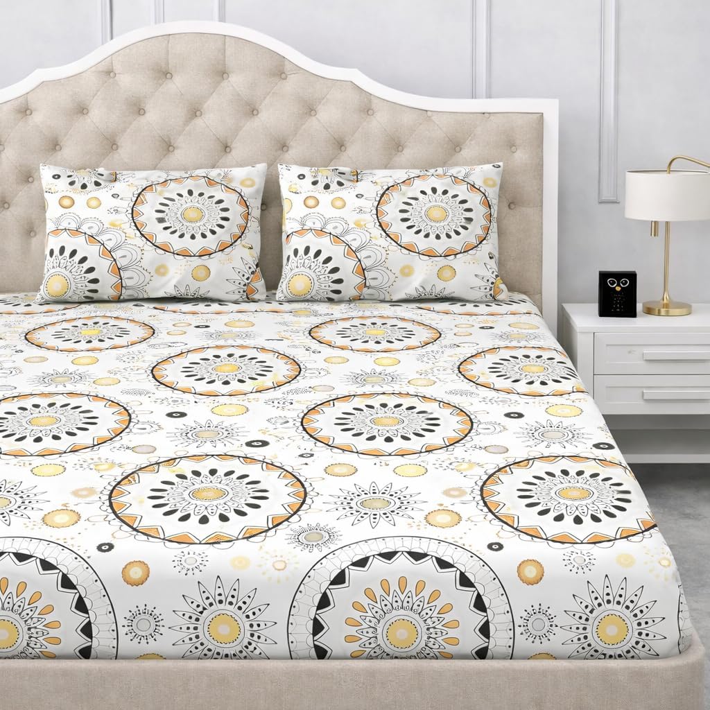 300 TC Cotton Feel Glace Cotton Elastic Fitted Bedsheet for King Size Double Bed | Fits up to 8 Inch Mattress | Printed Bedsheet with 2 Pillow Covers (Cream Brown, Double Size - 72"x72")-picture-29
