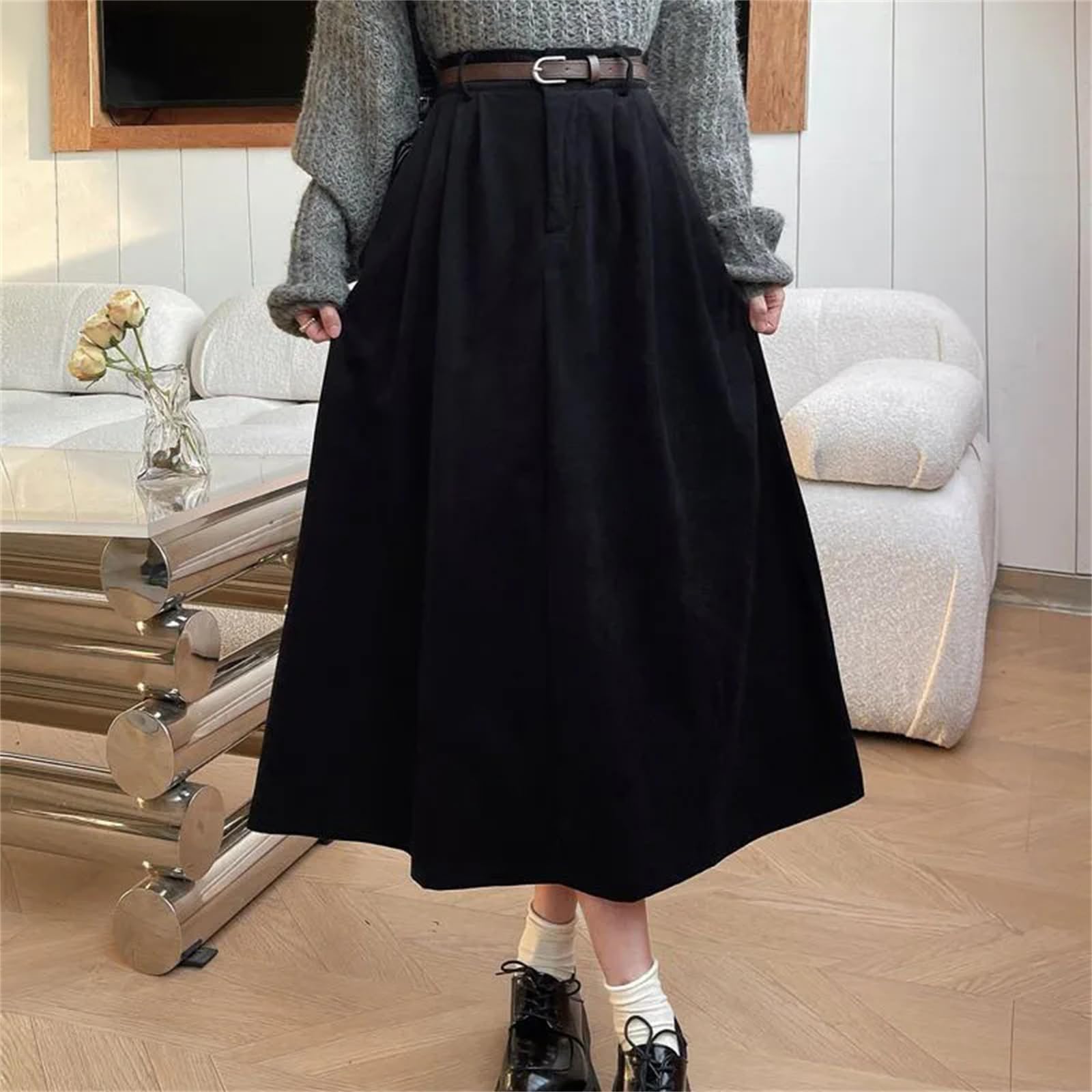 Donne Vintage Velluto A Coste Midi Gonne per le Donne A Vita Alta Pieghe A Line Gonne Femminili Inverno Casual Gonne