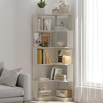 L-Shaped Corner Bookshelf, 5-Tier Freestanding Tall Space-Saving Corner Bookcase with Anti-Drop Panels for Living Room,Home Office White Oak