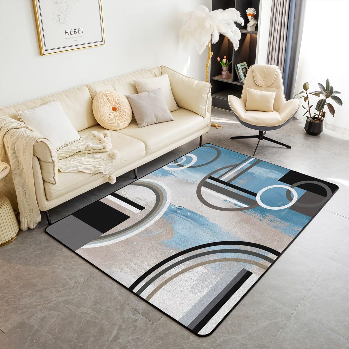 Retro Geometric Area Rug 5x7 for Living Room Bedside,Vintage Grunge Style Rug,Brown Black Blue Grey Carpet,Abstract Oil Painting Style Decorative Accent Rug,Swirls Stripes Indoor Floor Mat