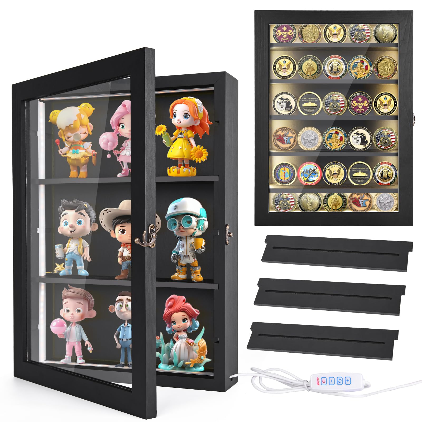 Challenge Coin Display Box with Lights Medals Collectible Figures Display Case with Light Led Cabinet Shadow Box Wall Mounted Shelf Crystals Coin Holder Storage Box for Bobble Heads Black