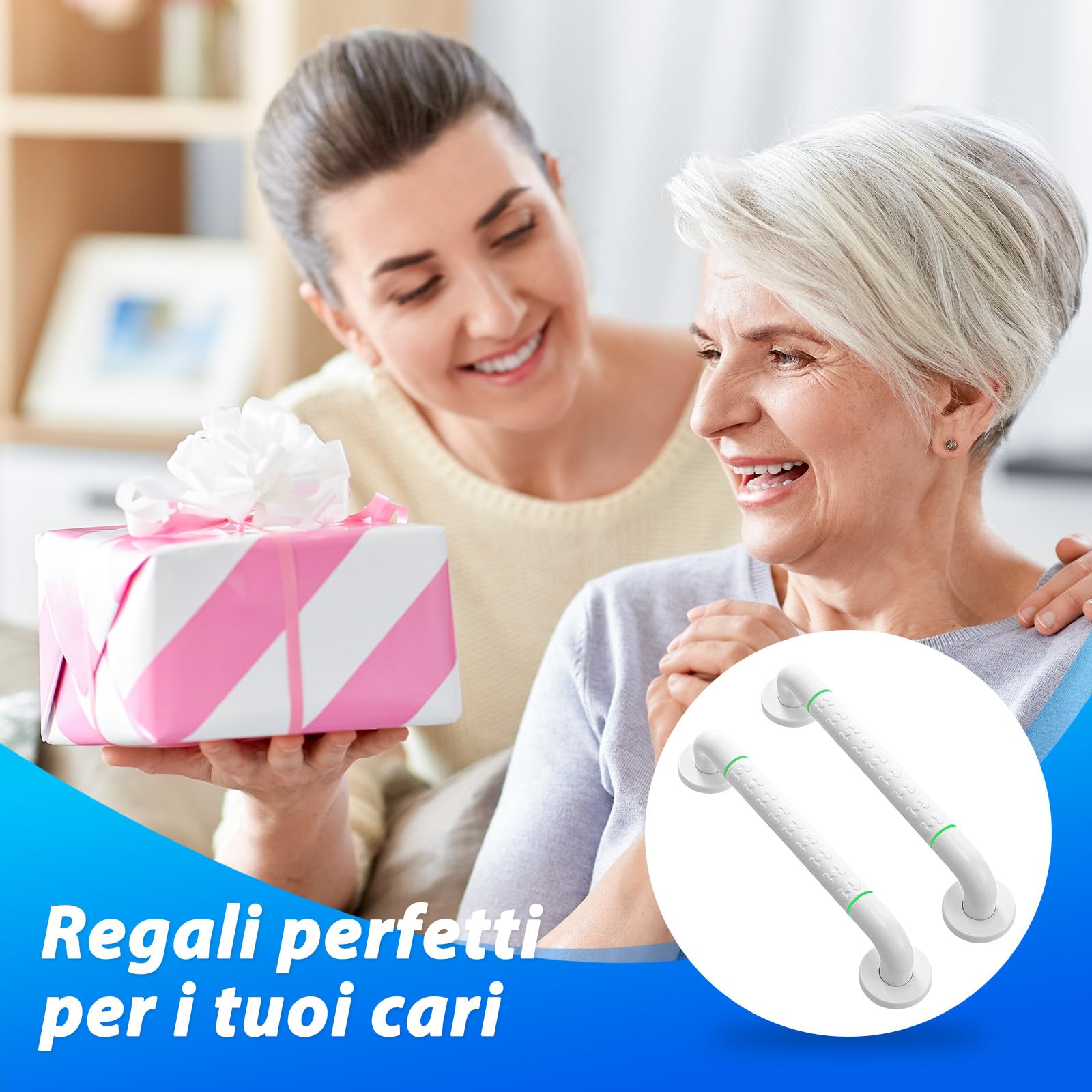 Fanwer 2 maniglioni per vasca con impugnatura antiscivolo e cerchi luminosi di sicurezza, maniglia da 40 cm in acciaio inossidabile per vasca, maniglia da parete per doccia con portasciugamani.