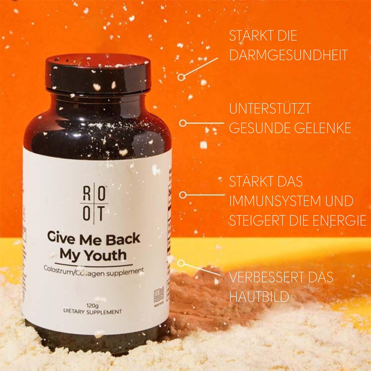 ROOT Wellness Rinderkolostrum & Kollagen Pulver | 120 g Nahrungsergänzung | Pulver mit Rinderkolostrum und Kollagen – ideal für die tägliche Ergänzung einer ausgewogenen Ernährung.