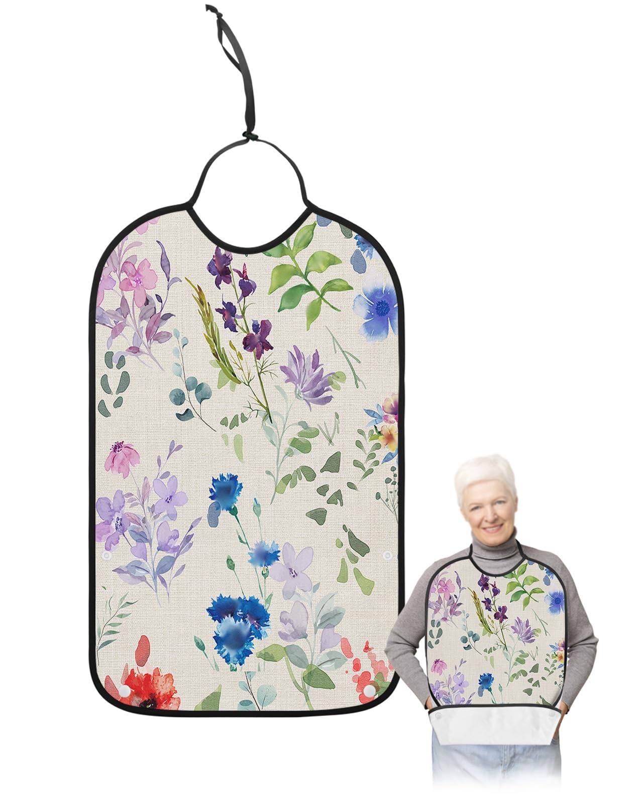 LEOKOTI Spring Floral Adult Bibs for Eating, Waterproof Bibs with Food Catcher & Adjustable Snap Closure, Colorful Flowers Summer Botanical Rustic Washable Clothing Protectors Adult Bibs for Elderly