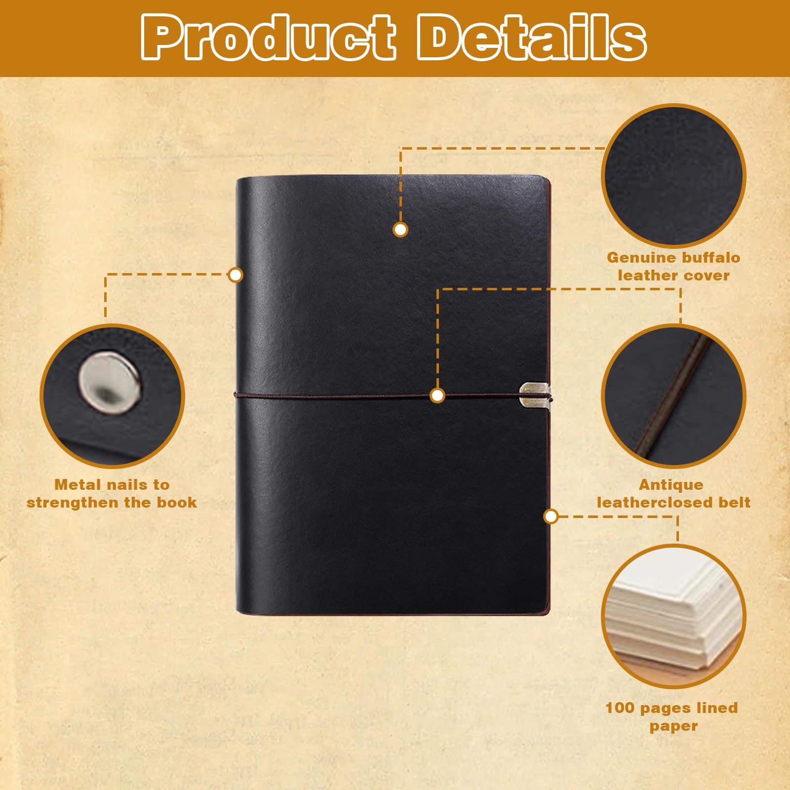 Notebook Leather A5 Brown, Vintage Journal Book, A5 Ring Binder Refillable, Refillable Travelers Notebook, Elegant Leather Diary for Writing & Sketching, Gift for Men Women (Black) - Image 3