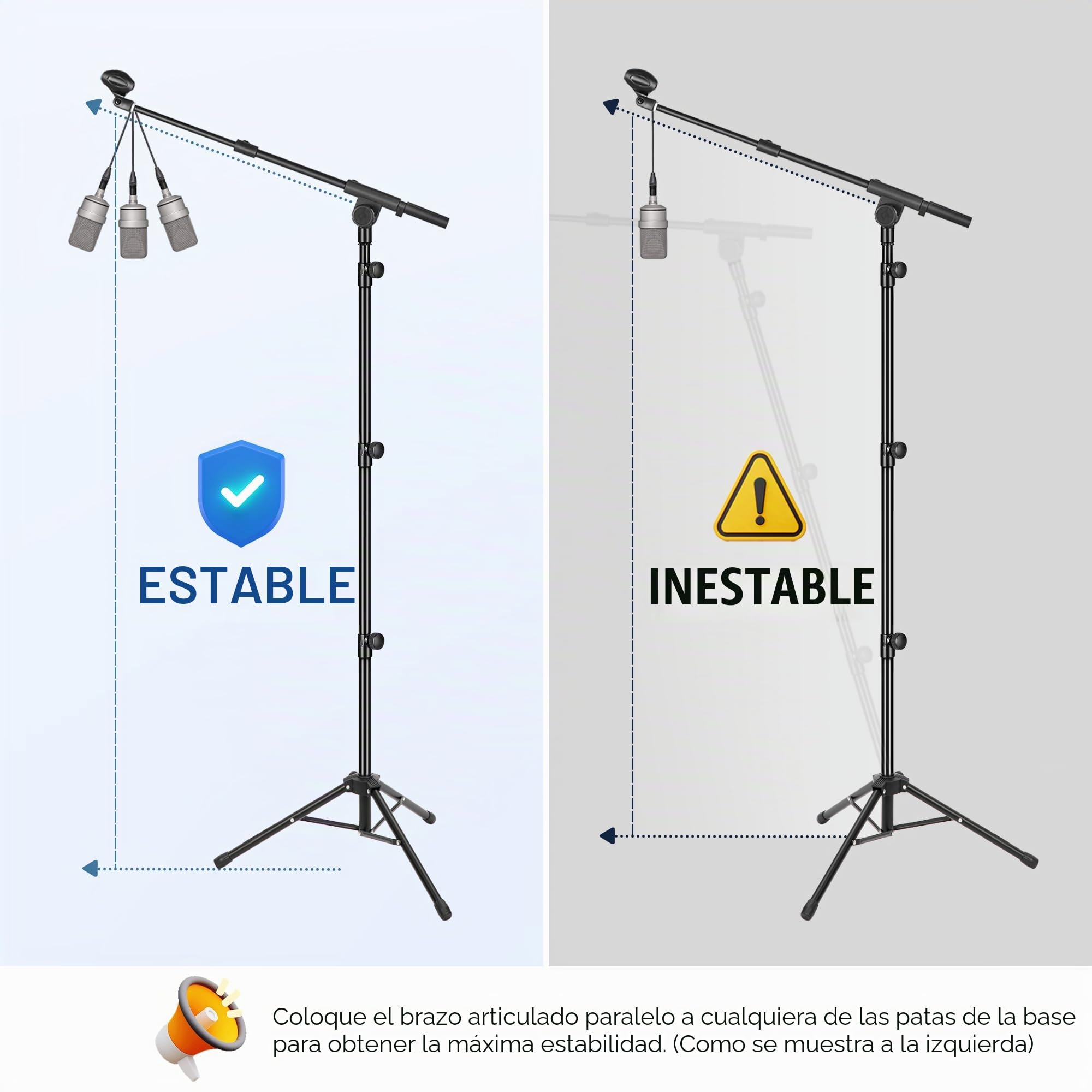 CAHAYA Soporte de Micrófono con Brazo con Dos Pinzas para Microfonos Pie de Micrófono Plegable y Ajustable de 64-158cm para Conciertos Videoconferencias Escenarios