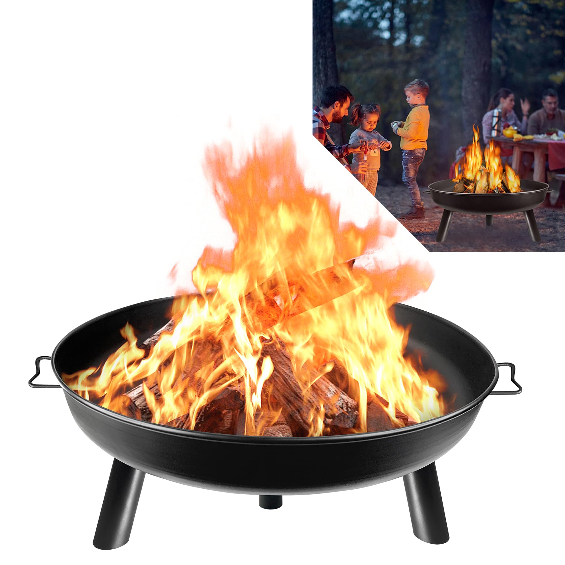 Froadp Feuerschalen für den Garten Rund Ø80cm Feuerstelle aus Metall Multifunktionale Feuerkorb mit Griff und 3 Abnehmbar Füßen für Outdoor Camping Lagerfeuerparty Heizung Holzfeuerung