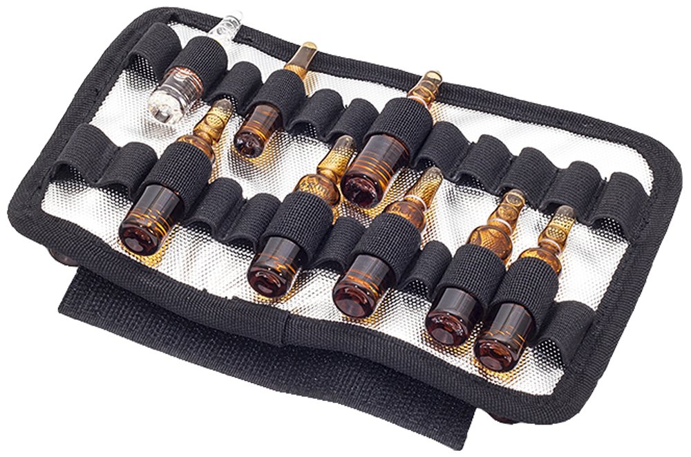 EB AMPOULE'S rot Ampullarium | thermoisoliert und gepolstert | für bis zu 84 Ampullen | handliches Format | integrierte Handschlaufe | Zwei herausnehmbare Trägerplatten