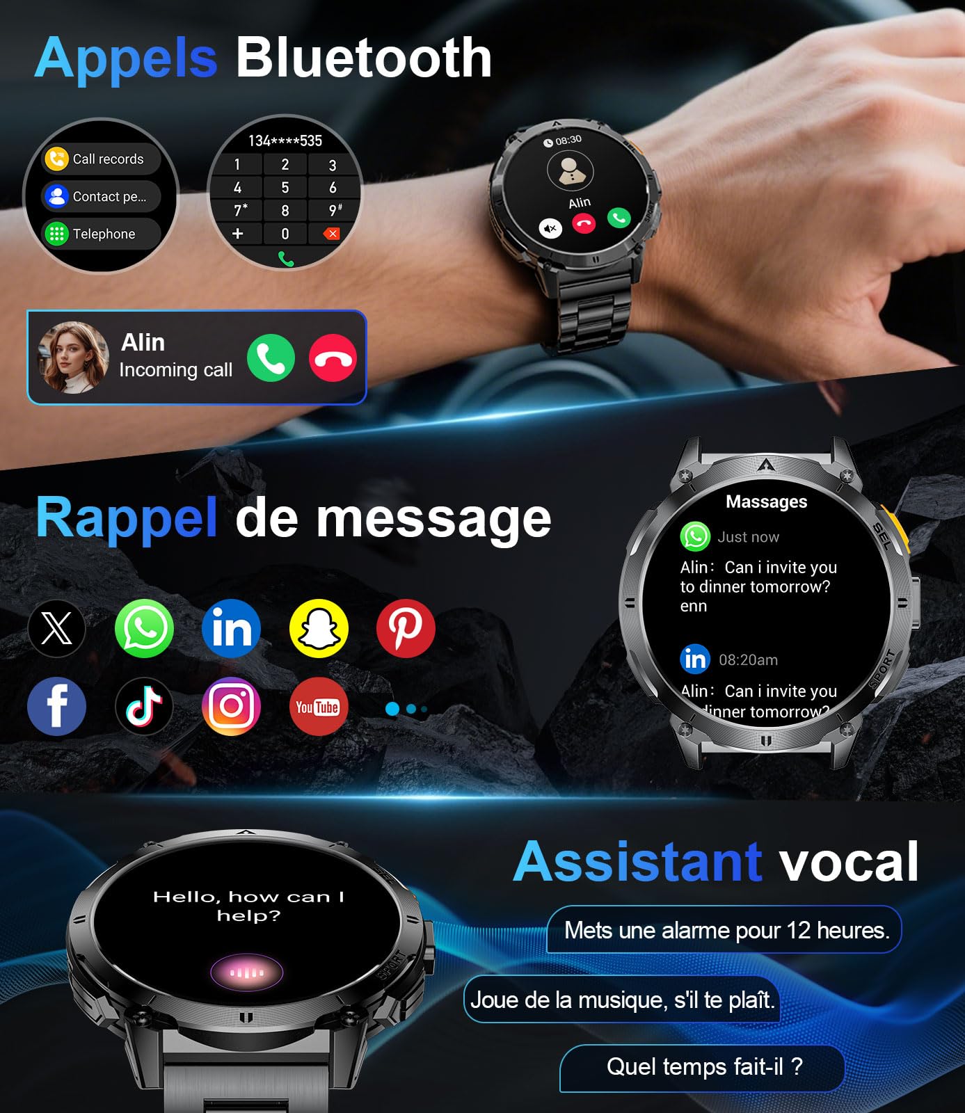 Montre Connectée Homme avec Appels Bluetooth et Écran HD AMOLED 1.62", Étanche IP68 et Batterie 730mAh Smartwatch avec 110+ Modes Sportifs/Sommeil Moniteur pour Android iOS, 2 Chargeurs(Type-C, USB)