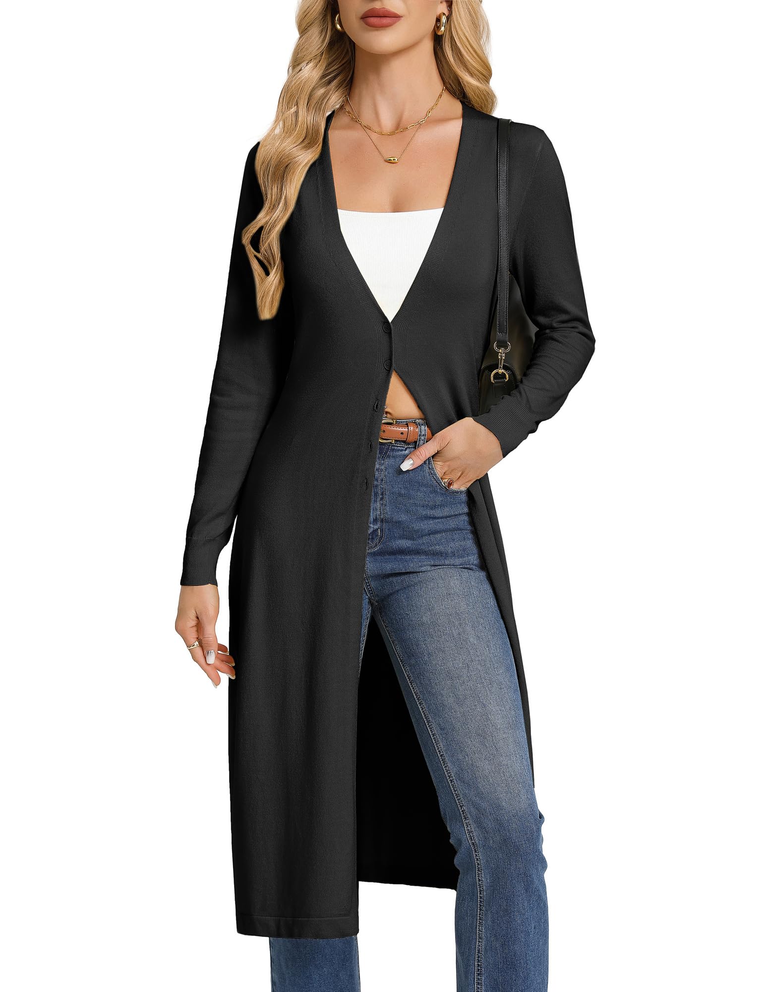GRACE KARIN Damen Leichtes Lang Strickjacke Langarm Cardigan Mit Elegant V-Ausschnitt Und Knöpfen